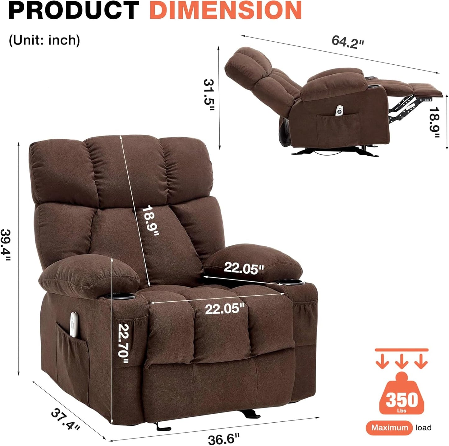 Massage Rocker Recliner Chair with Heat, Ergonomic Overstuffed Reclining Lounge Chair with Side Pockets, USB Charging Port, Sturdy Metal Frame, Comfortable Modern Design for Living Room