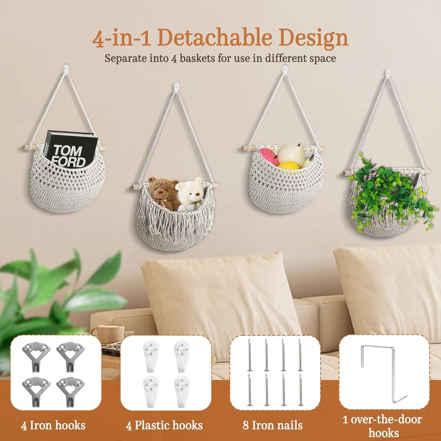 4 Tier Hanging Fruit Basket for Kitchen, 4 Pack Detachable Cotton Crocheted Wall Hanging Baskets Shelf Over Door Organizer for Fruit Veggie Plant, Hanging Storage Basket for Bathroom Bedroom(Beige)