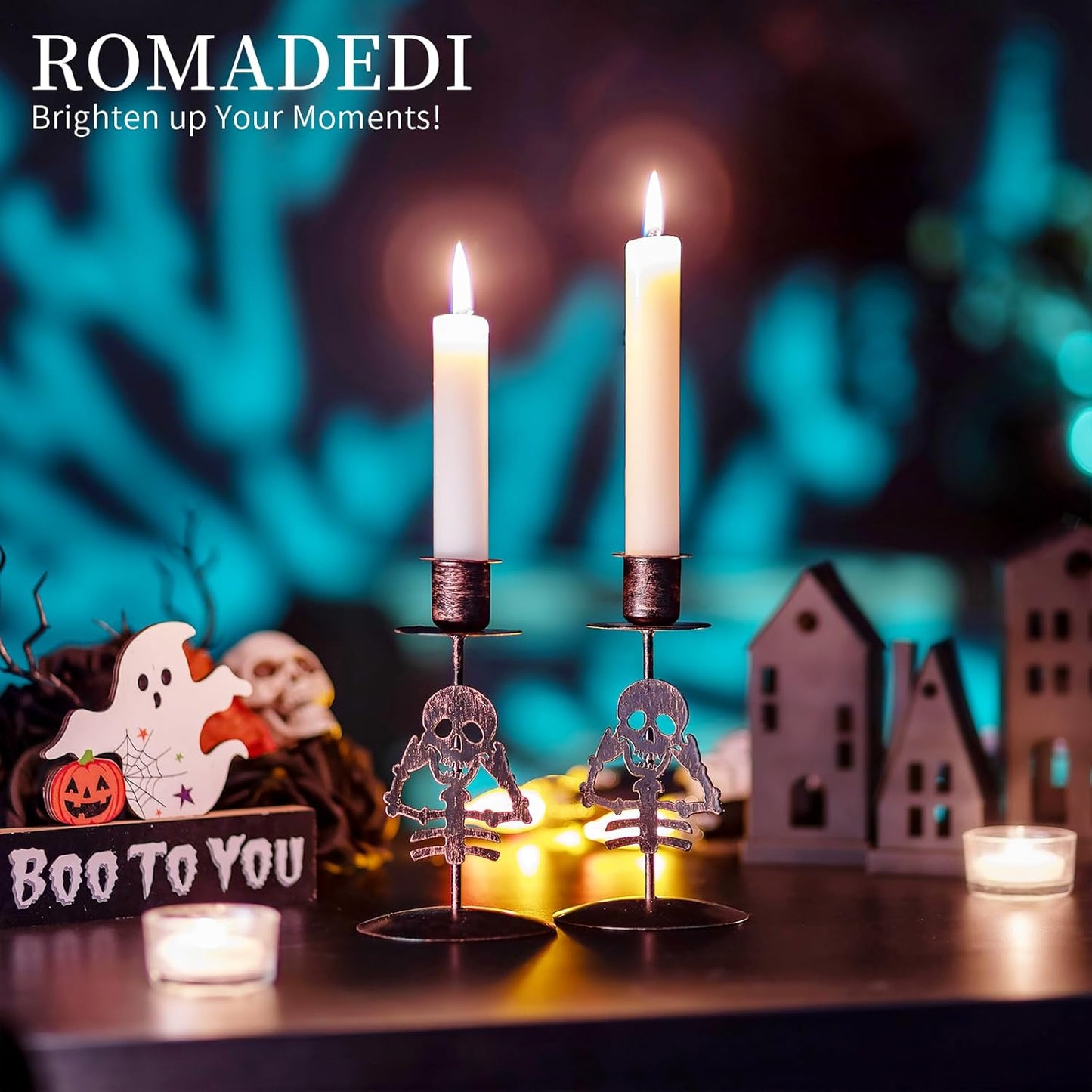 Romadedi Candle Holder for Halloween Decor: Set of 2 Black Gothic Skull Taper Candlestick Table Centerpiece Decorations Spooky Party Dinning Room Home Indoor