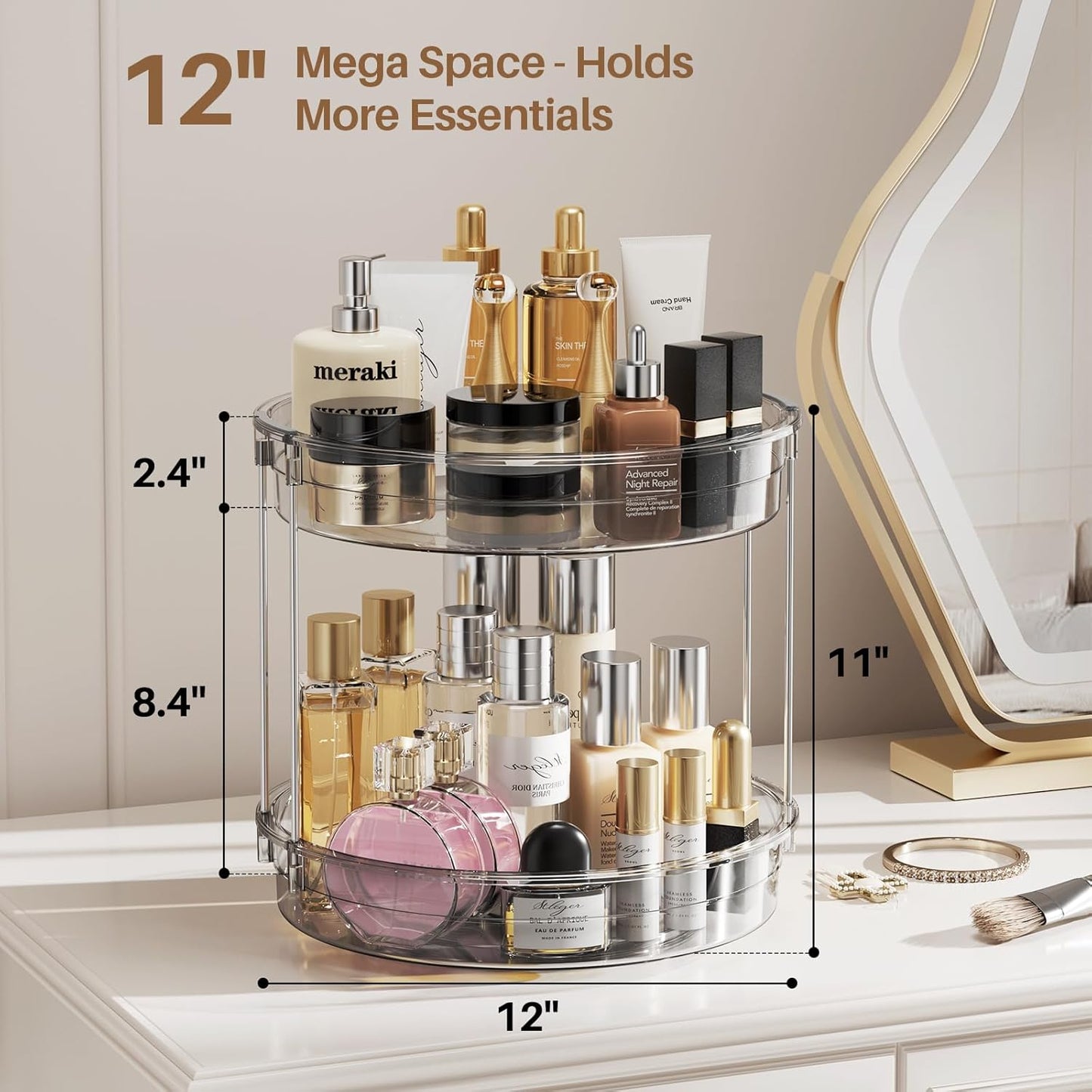 LAMU 2 Pack 2 Tier Lazy Susan Turntable Organizer 12'' Rotating Spice Rack Organization for Cabinet, Kitchen, Pantry, Countertop, Bathroom, Vanity, Medicine Cabinet Organizer, Grey