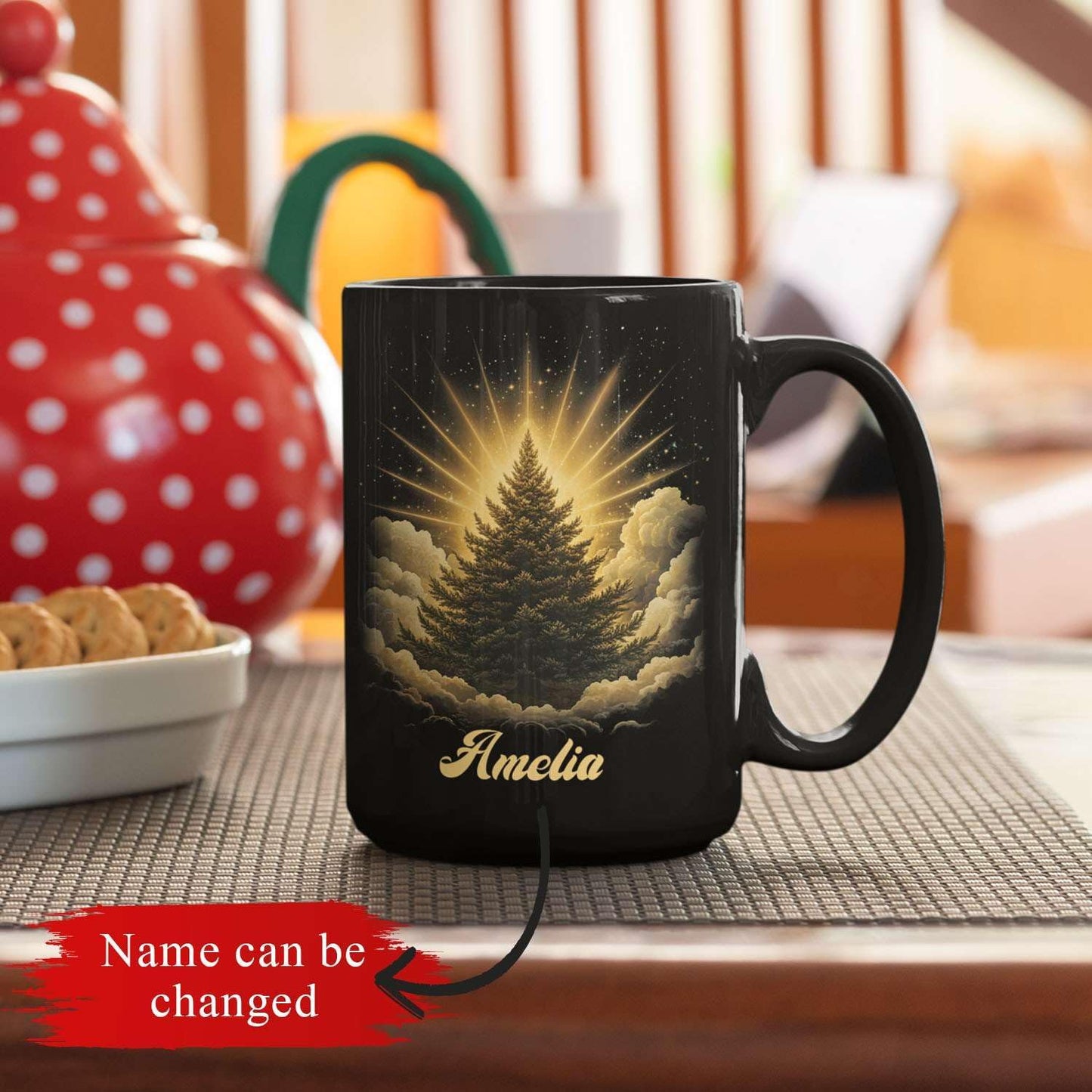 Spiritual Nature Themed Ceramic Cup, Custom Name Coffee Mug 11oz or 15oz, Personalized Pine Tree Black Cup for Christmas, Custom Winter Season Coffee Mug, Gifts for Friends, Family