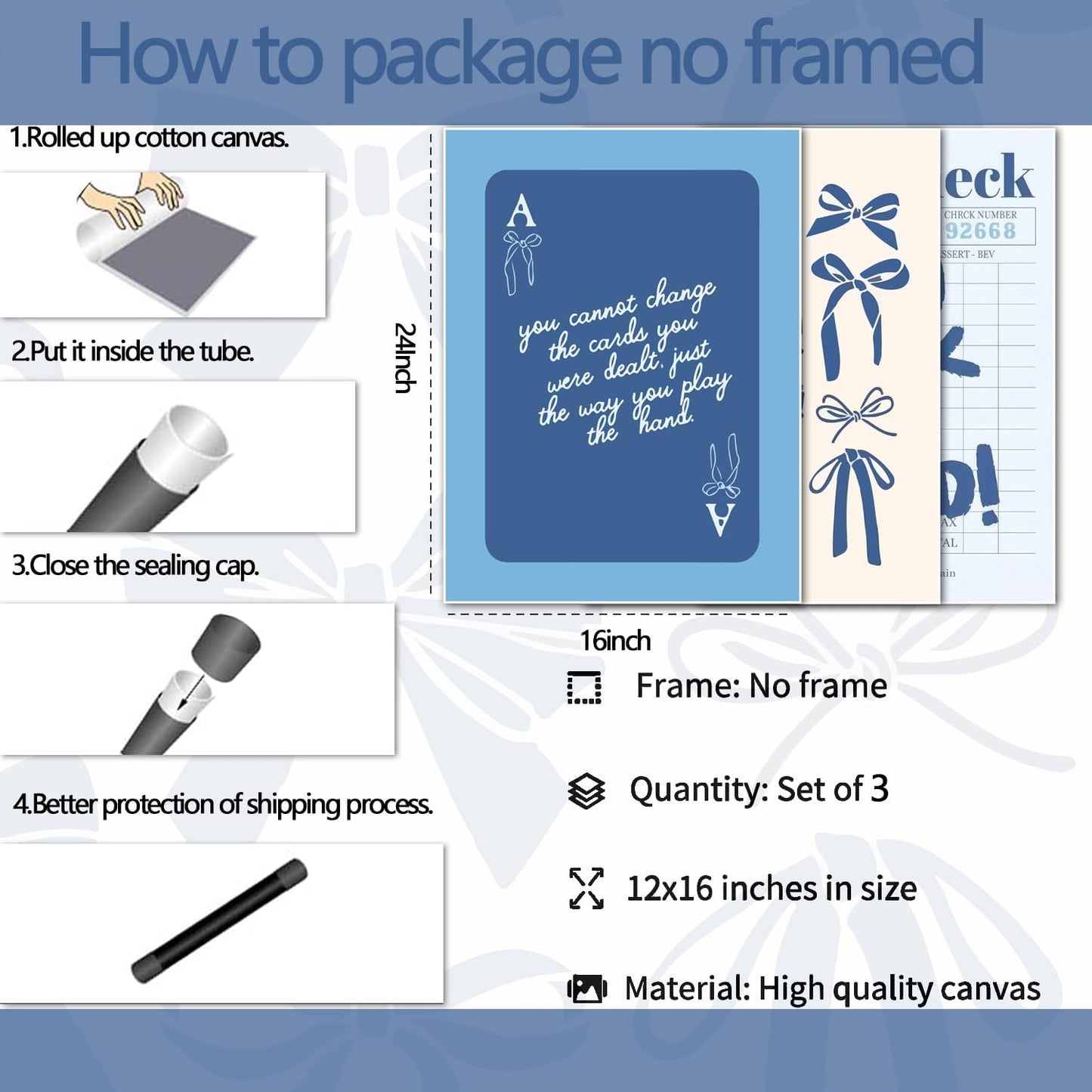 Blue Preppy Wall Art Set of 3 Trendy Navy Bow Posters Retro Guest Check Canvas Prints Poker Painting Minimalist Positive Quote Picture Decor Aesthetic for Living Room Dorm Apartment 16x24in Unframed