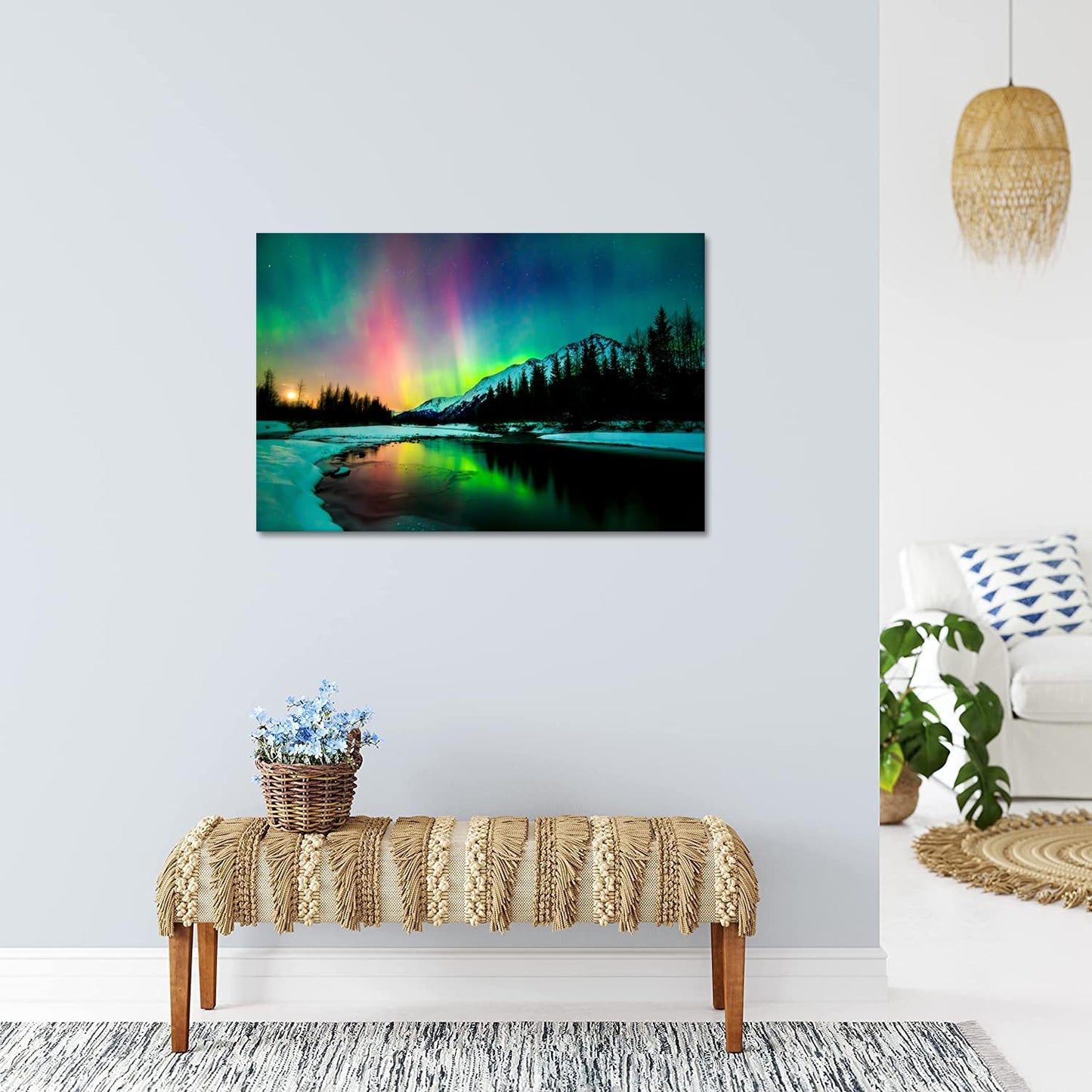 Aurora Borealis Canvas Wall Art Northern Lights Canvas Print Painting for Living Room Snowy-Mountains-Landscape Poster Picture Wooden Framed Prints Ready to Hang(12.00"x16.00")