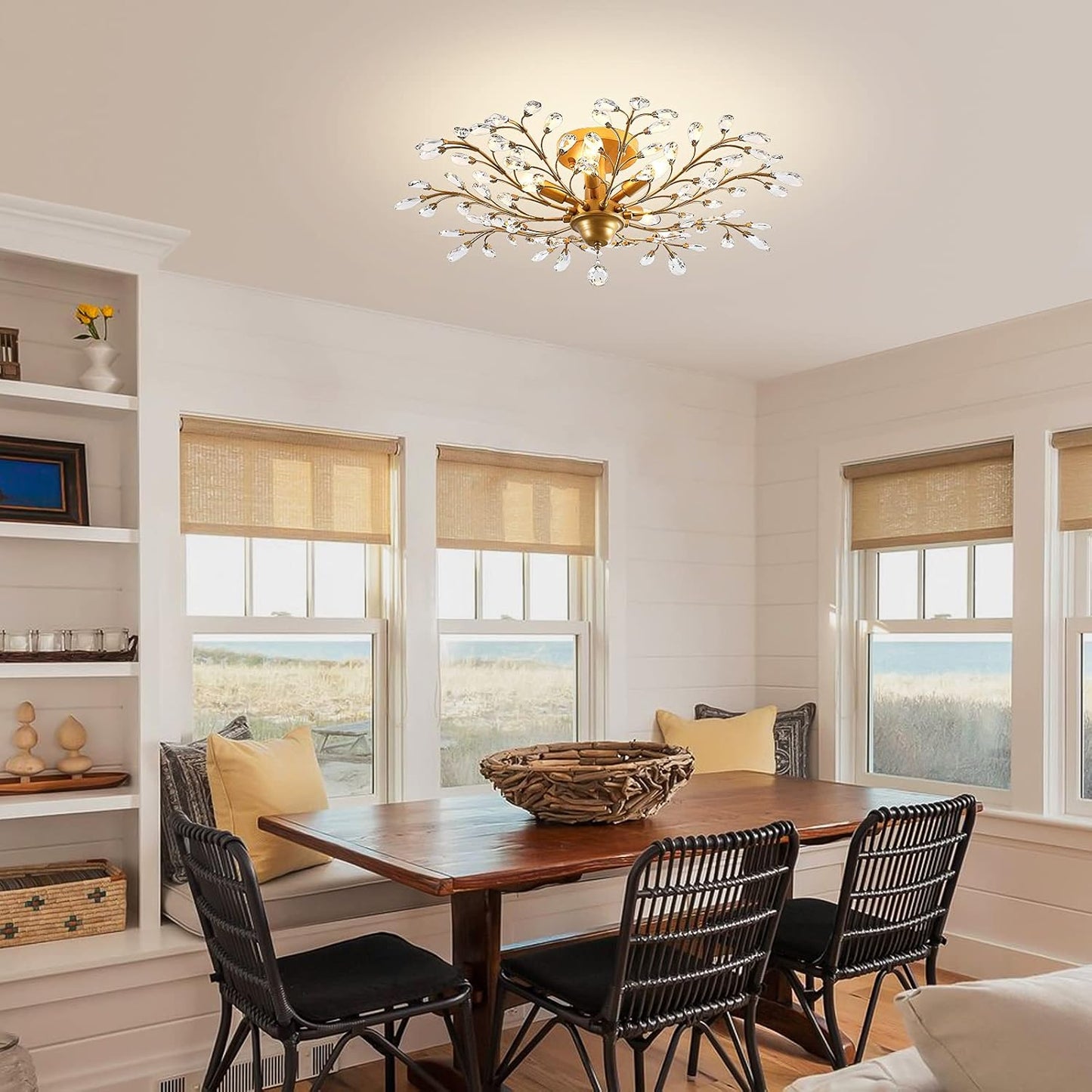 Ganeed Crystal Chandeliers,Vintage K9 Clear LED Ceiling Lighting,Edison Pendant Light Flush Mounted Fixture with 5 Light for Living Room Dinning Room Restaurant Porch Hallway (Gold)