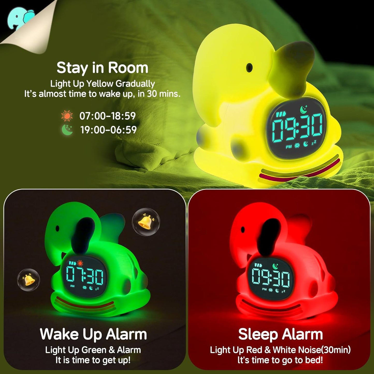 Alarm Clock for Kids with Night Light, Sleep Training Clock Time to Wake Clock, Rechargeable Silicone Light for Bedroom, Perfect Sleep Companion for Boys Girls, Green Elephant