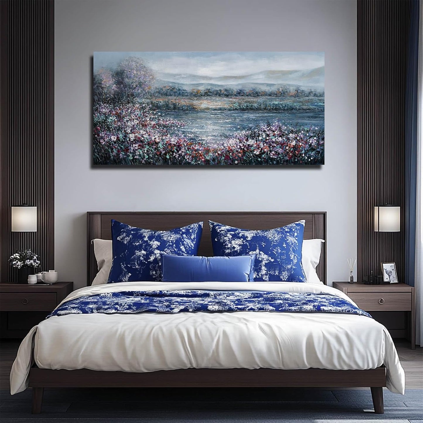 CHUDANHAO Abstract Wall Art for Bedroom White Wall Decor Purple Flower Artwork Landscape Wall Paintings 24"x48" Navy Blue Pictures for Walls