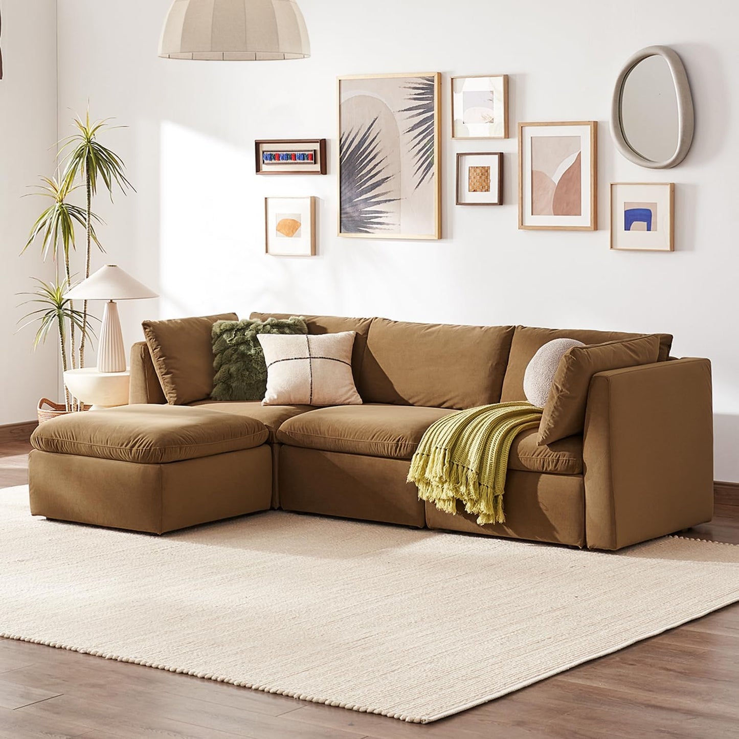 mopio Oversized Modular Sectional Sofa with Fully Removable Covers and Storage, Convertible U, L-Shaped and Sleeper Sectional, Modern Couches with Ottoman Chaise (Hazelnut Velvet, 4 Seats, L)