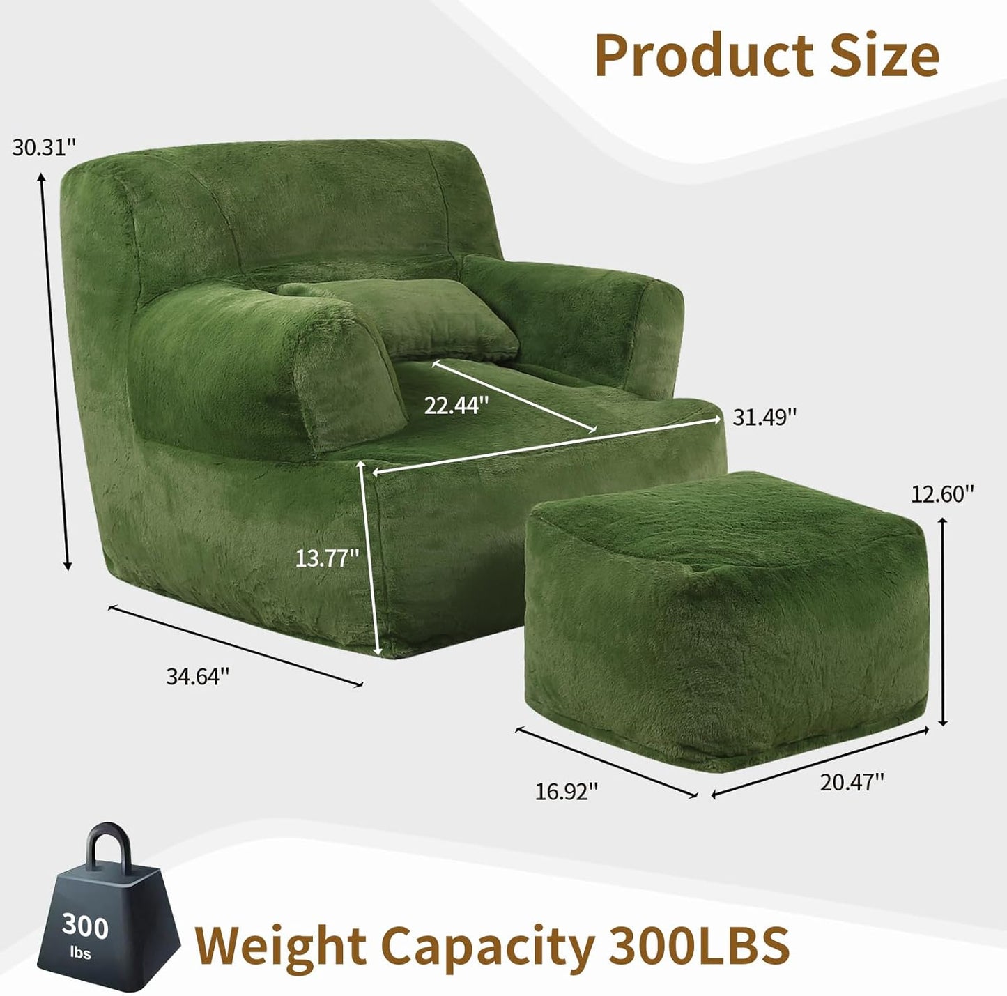 Comfy Gaint Bean Bag Chair with Ottoman, Huge Bean Bag Armchair for Adults and Teens, Green