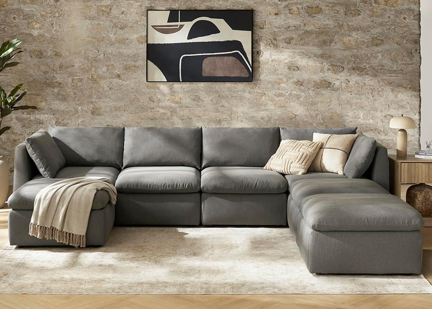 mopio Oversized Modular Sectional Sofa with Fully Removable Covers and Storage, Convertible U, L-Shaped and Sleeper Sectional, Modern Couches with Ottoman Chaise (Stone Gray Fabric, 7 Seats, U)