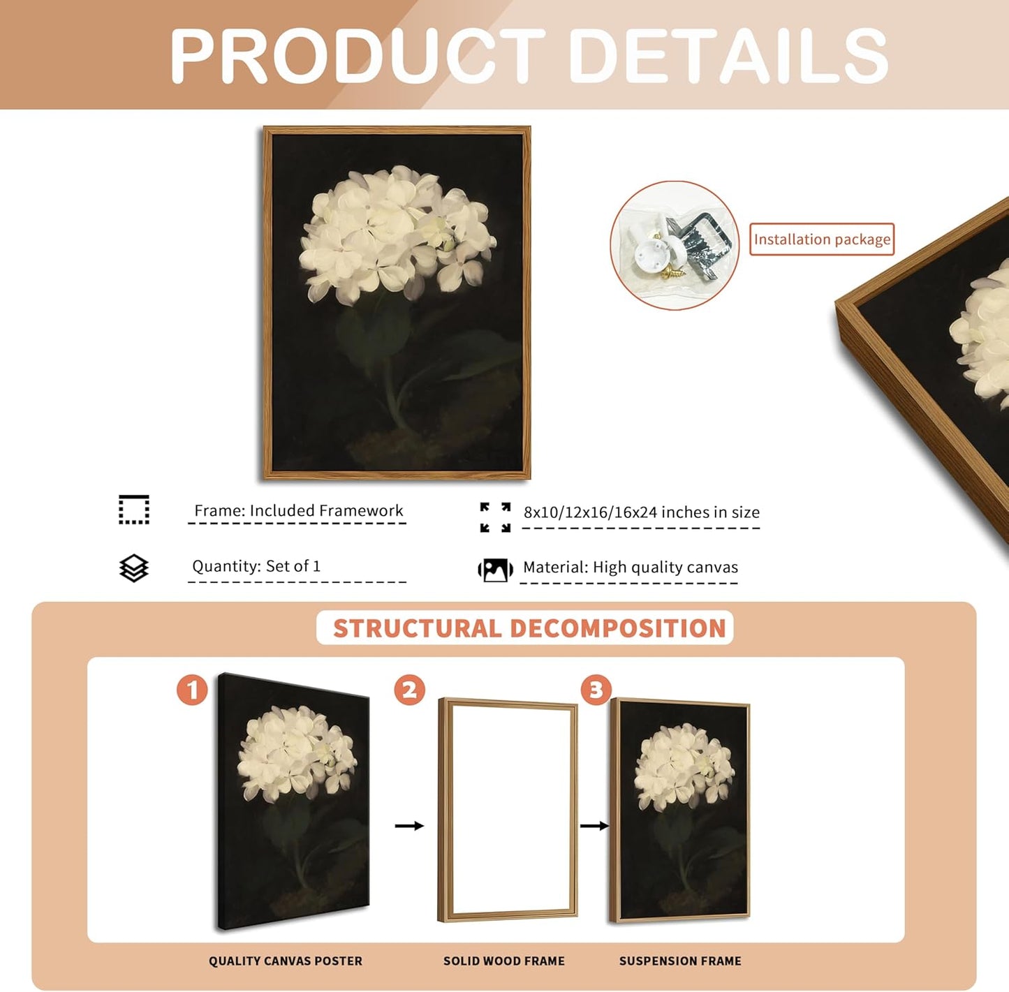 Framed Wall Art for Living Room – Vintage White Hydrangea Oil Painting Canvas Prints, Aesthetic Bedroom Wall Art, Kitchen Decor for Shelves, Bathroom Office Artwork Wall Decor – 12x16in