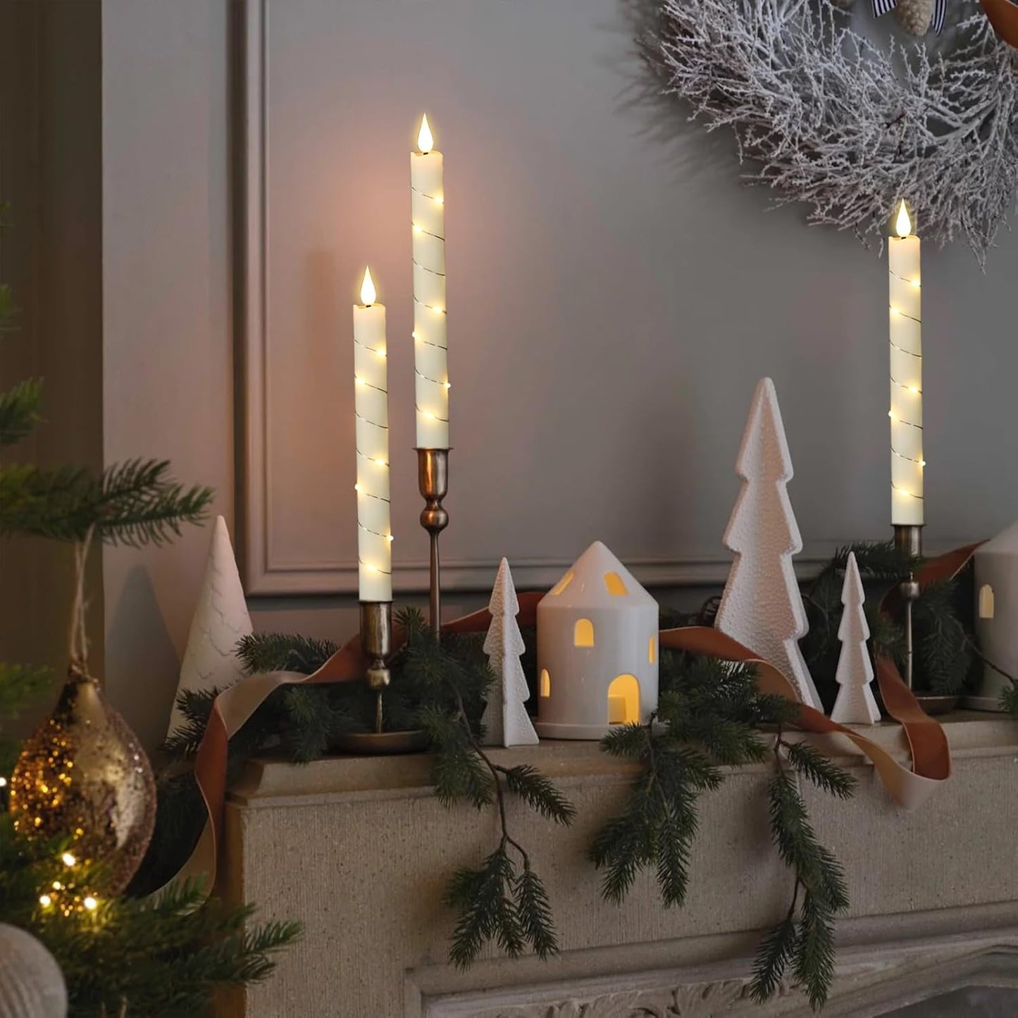 GenSwin Flameless Taper Candles with Remote and String Lights, Ivory Real Wax Taper Candles Battery Operated, LED Flameless Battery Candlesticks for Home Holiday Decor(Set of 6)