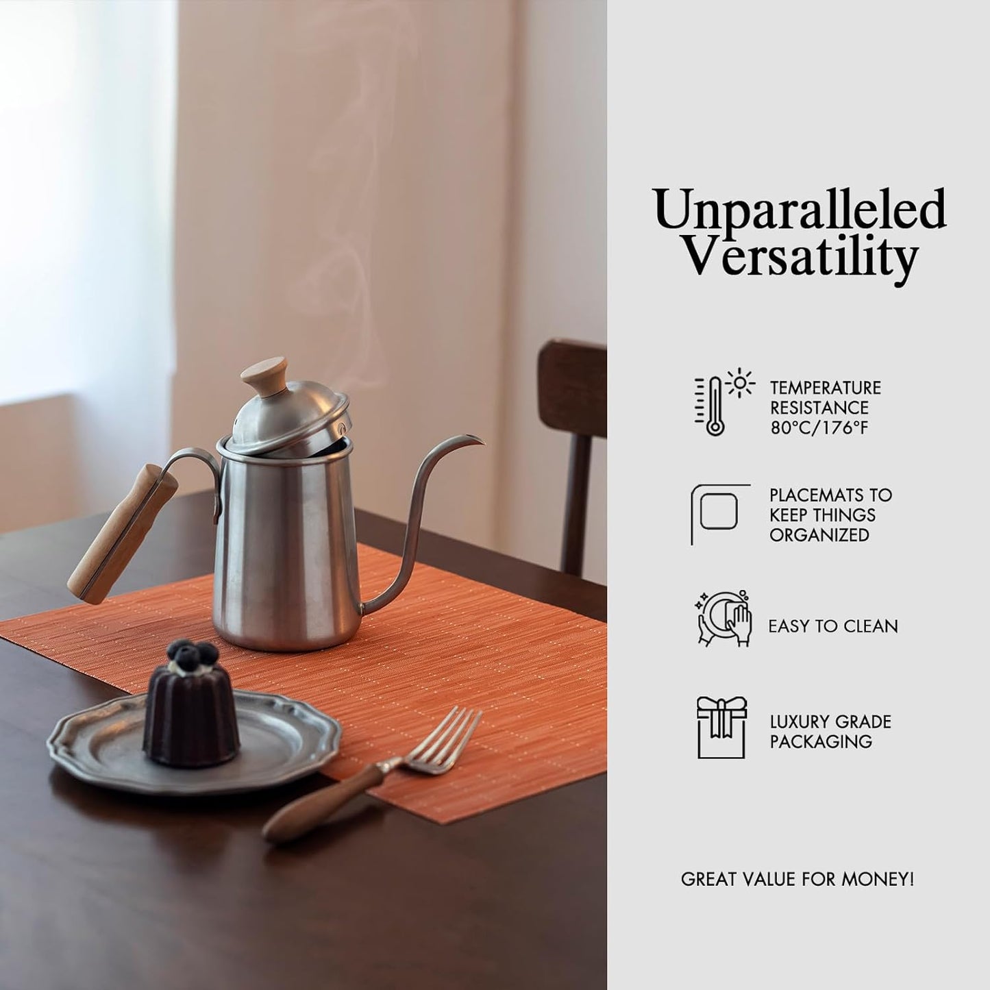 Placemats Set of 6 - Easy Clean Woven Vinyl Placemats for Dining Table, Indoor/Outdoor Place Mats, Washable PVC Table Mats （Orange）