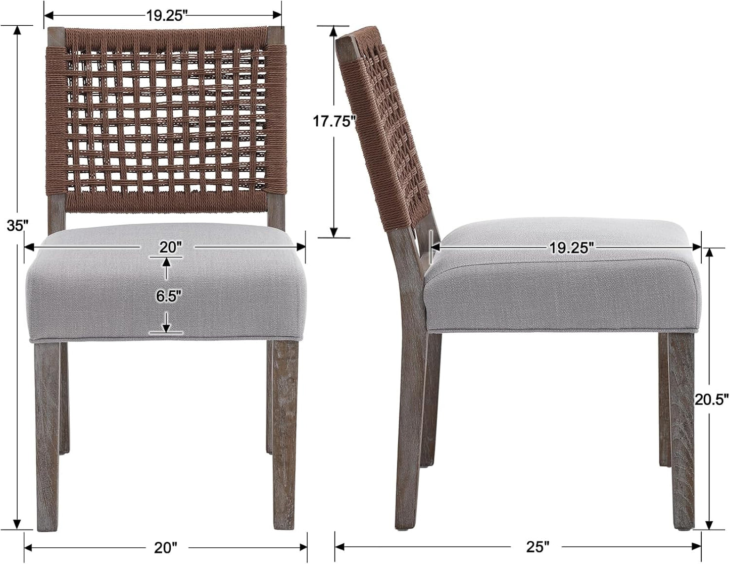 Kmax Farmhouse Dining Chairs Set of 2, Rustic Kitchen Chairs with Linen Fabric Seat and Woven Back, Vintage Accent Chairs for Dining Room, Living Room, Grey