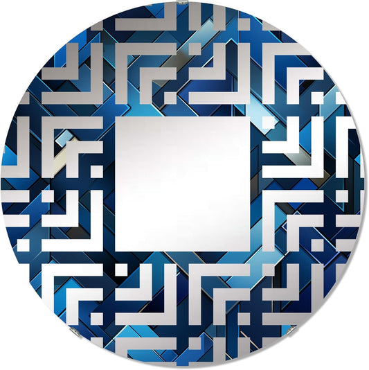 Symmetric Cubes in Deep Cobalt Blue - Geometric Maze - 32 Inches - Round Decorative Wall Mirror for Bathroom, Bedroom, Entryway, Living Room, Vanity Room and Modern Décor