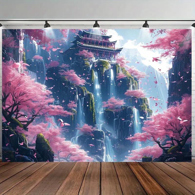 FENDROM Japanese Aesthetic Pink Cherry Blossom Tree Tapestry Building On Mountains Waterfall River Fairytale World Asian Art Tapestry for Bedroom Living Room