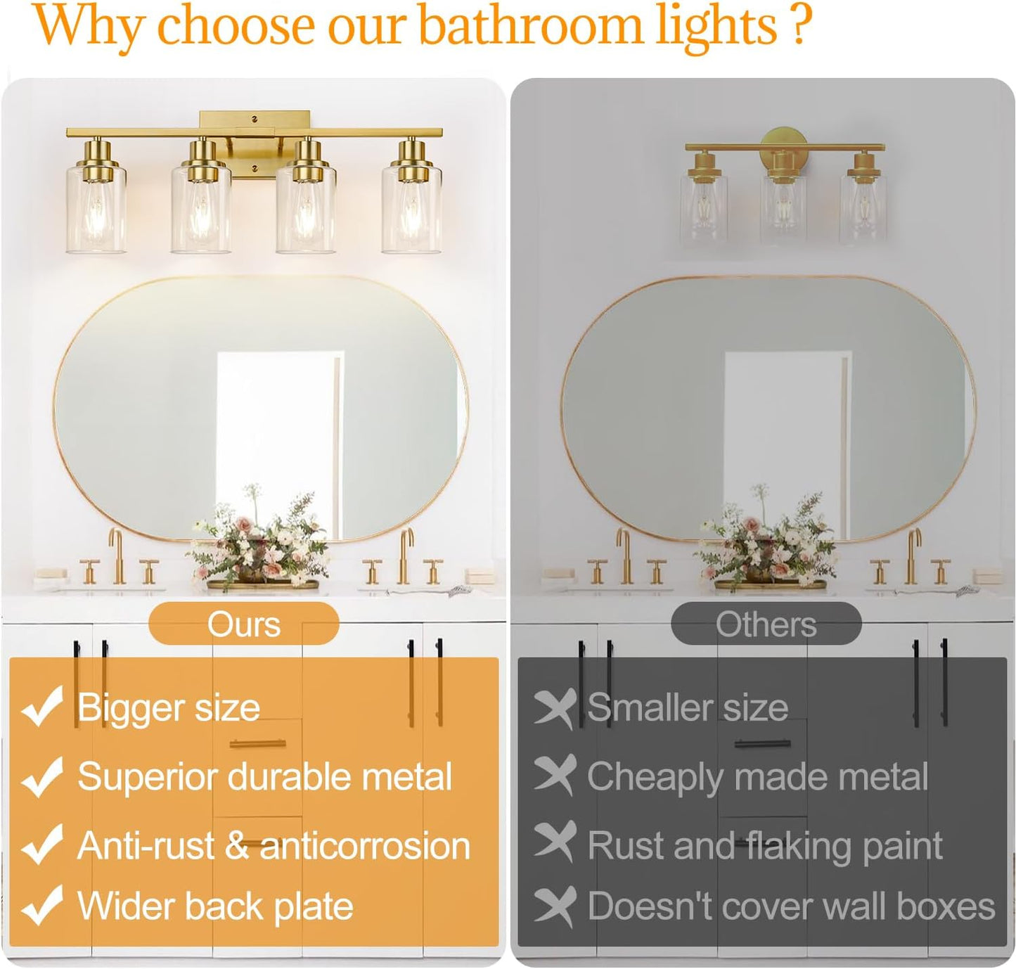 4-Light Vanity Lights with Clear Glass Shades, Brushed Gold Bathroom Light Fixtures Over Mirror, Modern Bathroom Wall Lamp for Mirror Living Room Cabinet Bedroom Porch