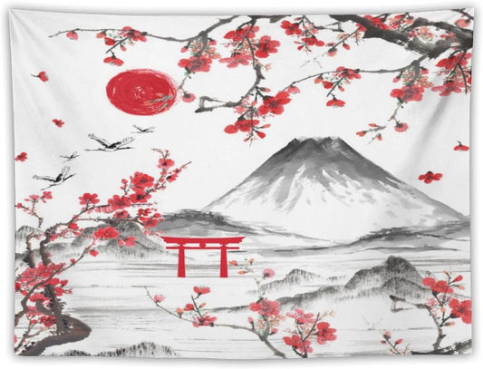 Red Cherry Blossoms Tapestry, Japanese Fuji Mountain Tapestry, Asian Japanese Wall Tapestry, Nature Landscape Tapestries for Bedroom Living Room Decor 80"x60"