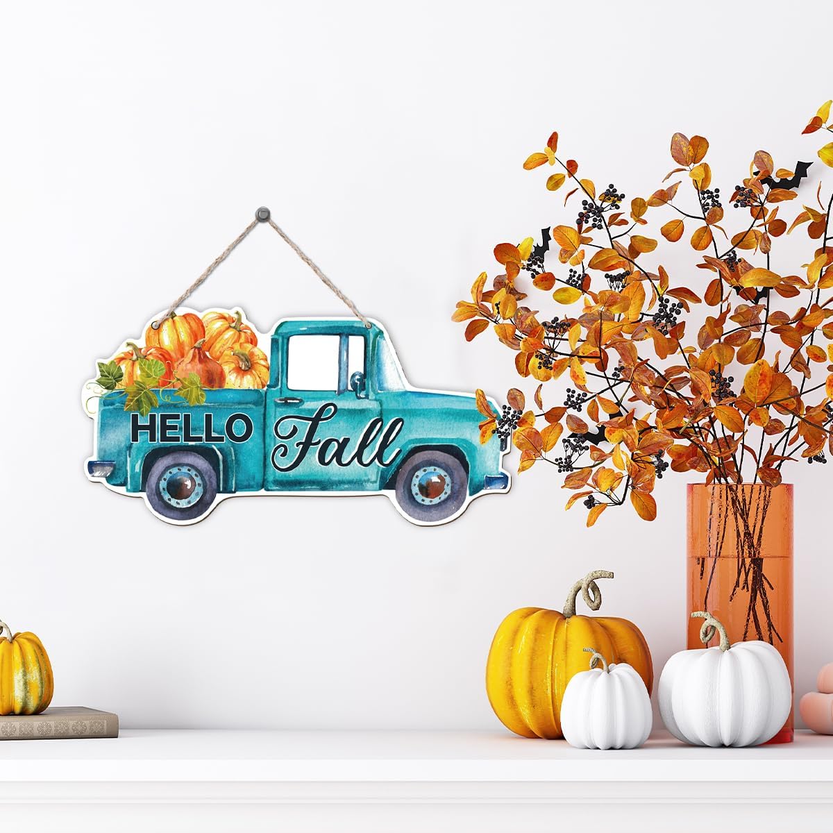 Fall Door Hanger - Pumpkin Welcome Sign, Hello Fall Wood Hanging Decors, Rustic Thanksgiving Decorative for Porch, Indoor Outdoor Autumn Door Decor(Truck), Housewarming Gift, Home Indoor Outdoor Deco