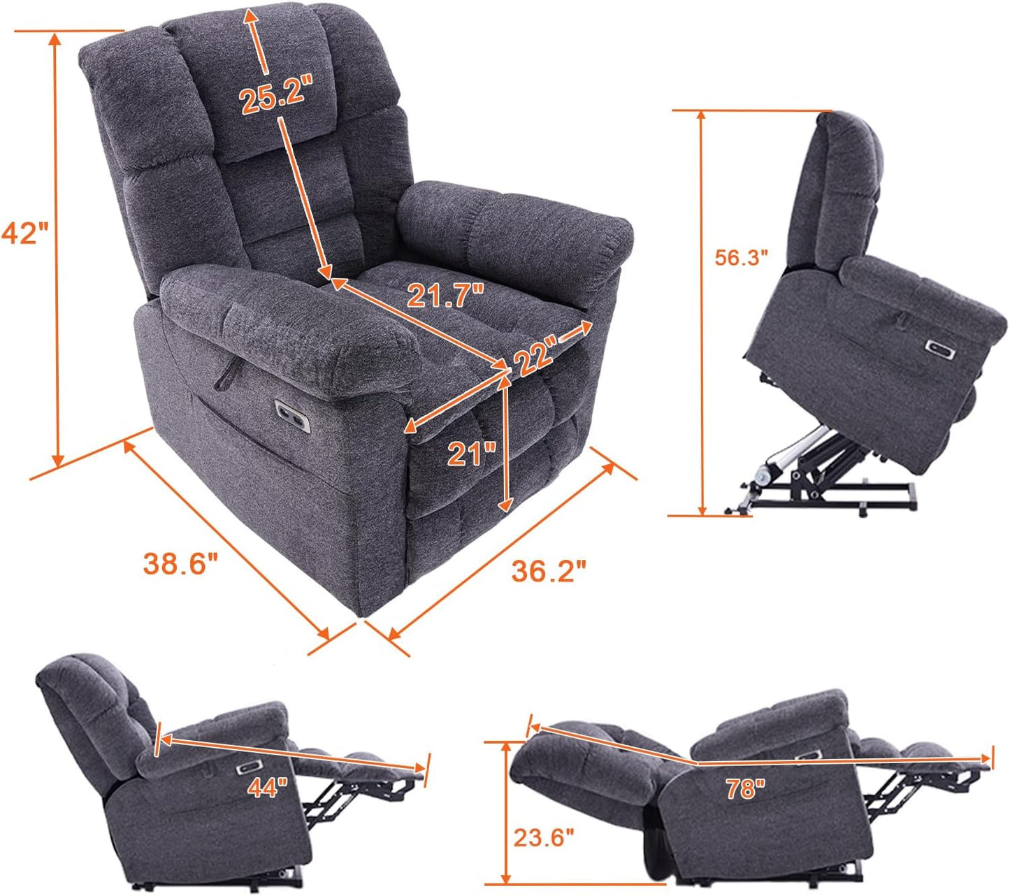 Triple Motor Power Lift Recliner Chair with Massage and Dual Heat for Elderly People, Zero Gravity Lay Flat Recliner Infinite Position, USB Ports（Grey）
