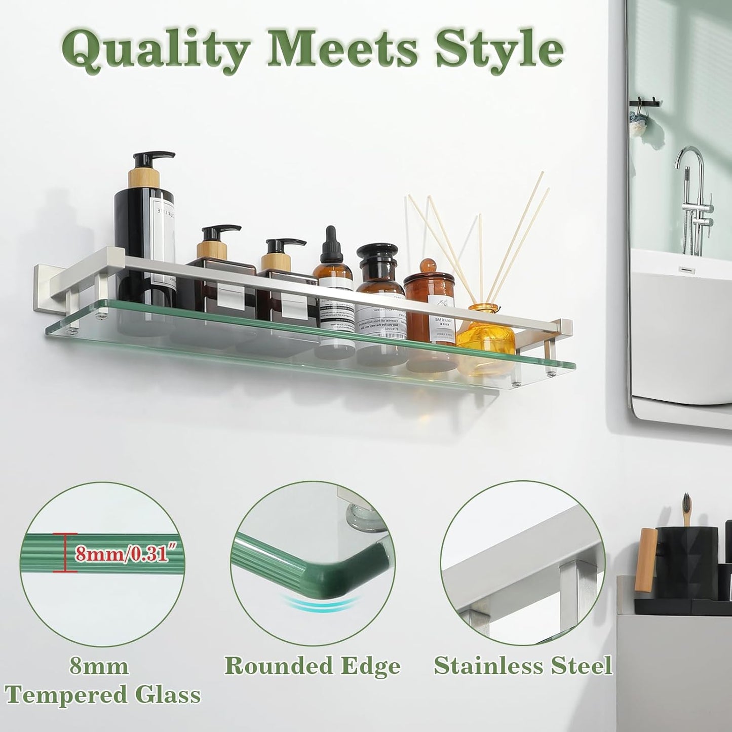 Alise Bathroom Shelf Wall Mounted, Brushed Nickel Large Capacity Glass Shelf for Bathroom, 24 inch