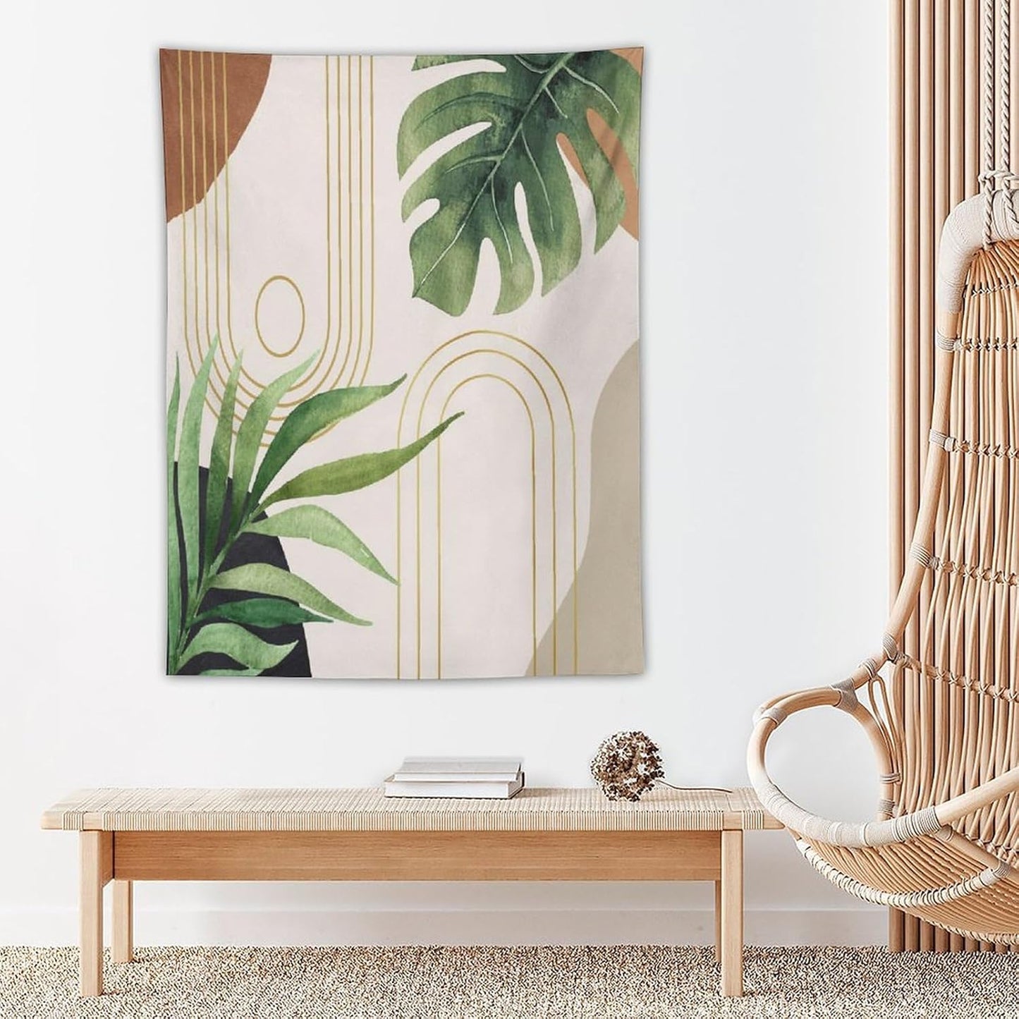 Abstract Boho Tapestry, Mid Century Tropical Tree Leaves Modern Geometric Arch Bohemian Botanical Tapestry, Home Aesthetic Wall Hanging Art Decor for Living Room Bedroom Dormitory 50x60 Inch