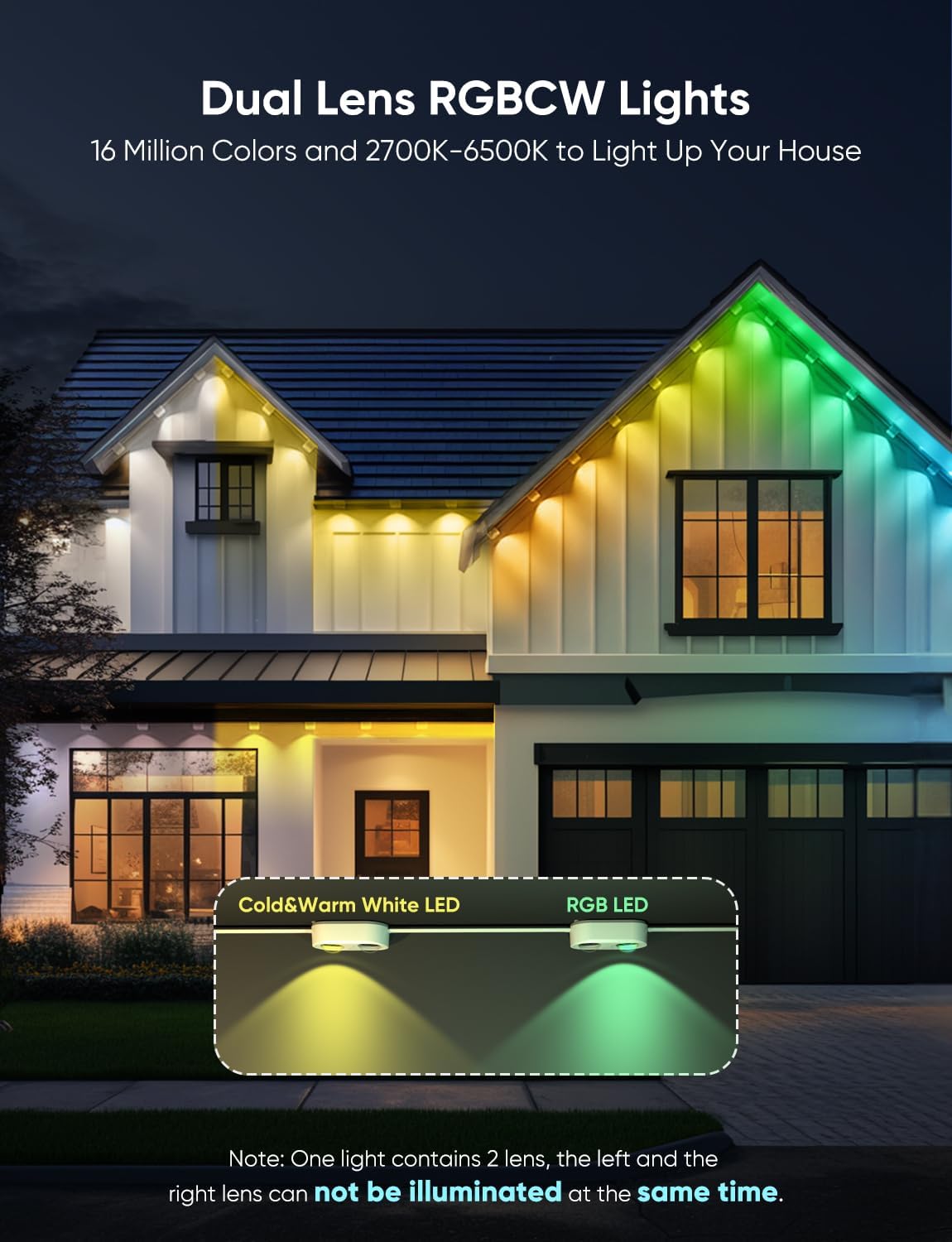 Permanent Outdoor Lights Pro 200ft, RGBCW Smart Eaves Lights with 144 LED Lights, Dual Lens, Cuttable, 111 Scene Modes, IP67 Waterproof Lighting for Holiday Decoration, Work with Alexa, Black