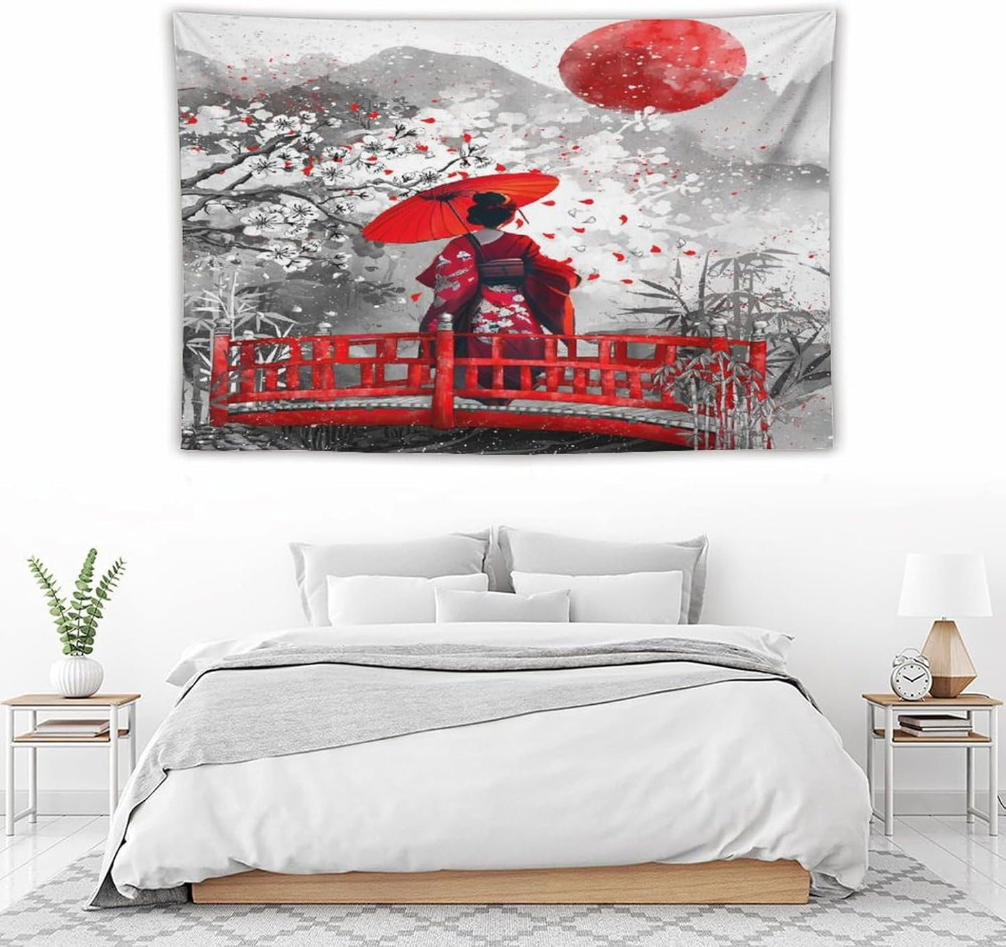 Japanese Red Geisha Tapestry Asian Cherry Blossom Red Sun Traditional Kimono Folk Tapestries Home Decor for Living Room Bedroom Apartment Farmhouse Dorm 60"x40"