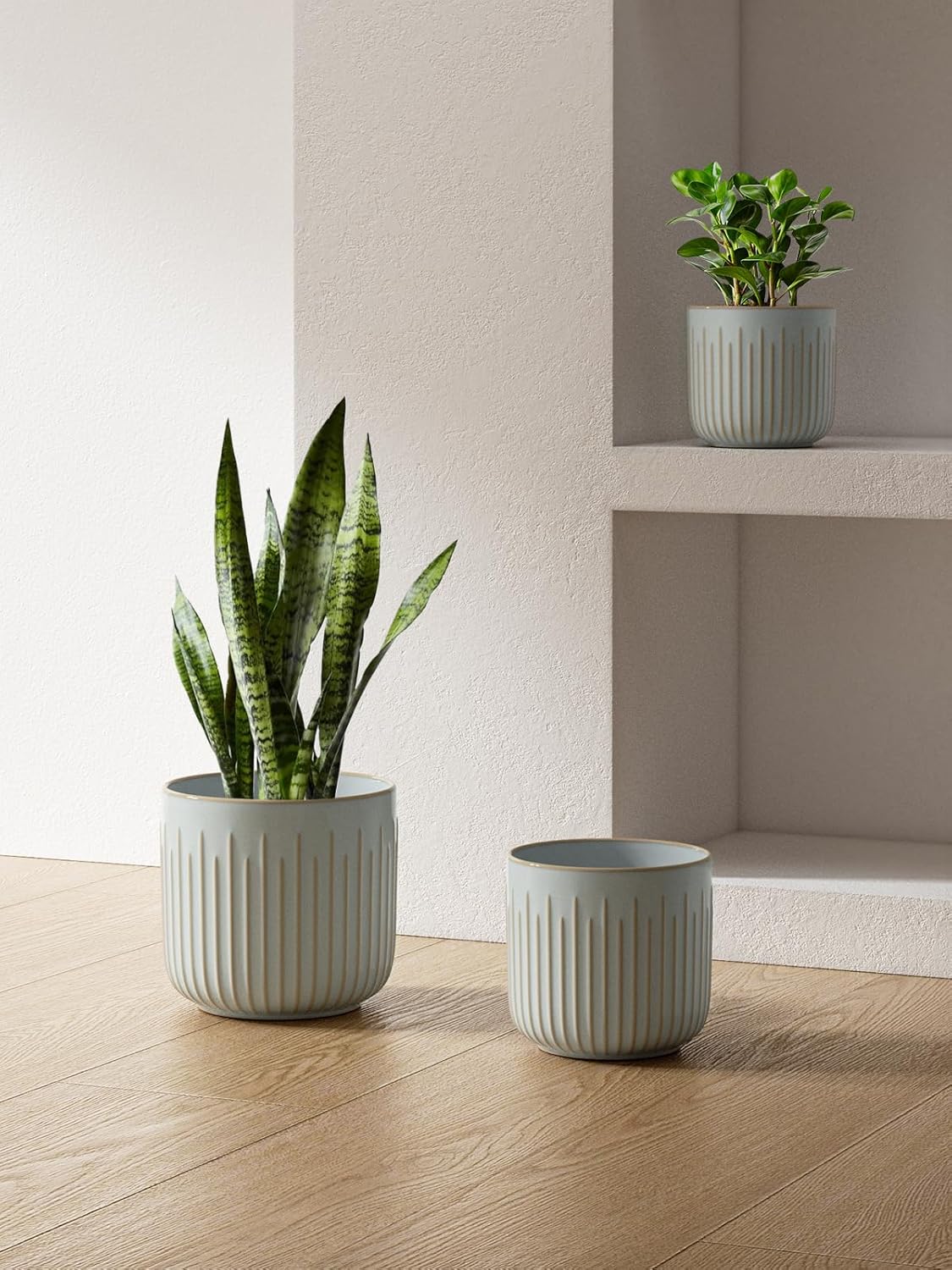 LE TAUCI Fluted Ceramic Planters Set of 3 – 8.3/7 / 5.7 in Star White Reactive Cylinder Indoor Plant Pots with Drainage Plug & Mesh, Glossy Stoneware Flower Pots for Succulents Herbs