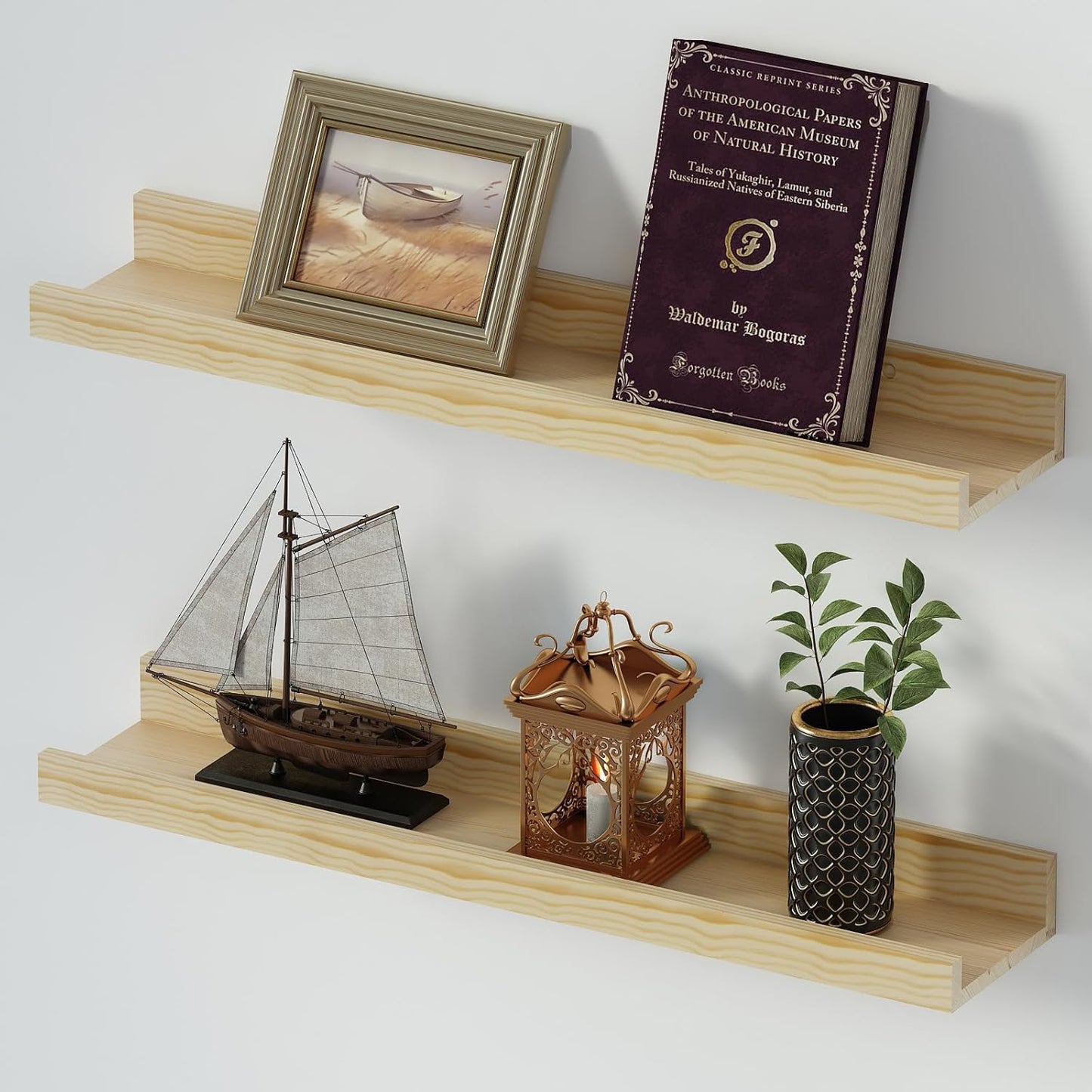 SAUMONIERES Picture Ledge Shelf Floating Book Shelves Set of 2 Wall Mounted Solid Wood for Bedroom Bathroom Living Room Kitchen, 24 Inch Natural