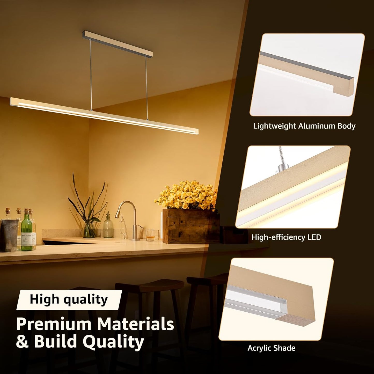 40W Gold Linear Pendant Light Aluminum, 54" Dimmable Kitchen Island Lighting with Remote & App Control, Adjustable CCT (3000K-6000K), Dining Room Chandelier for Home Office Study