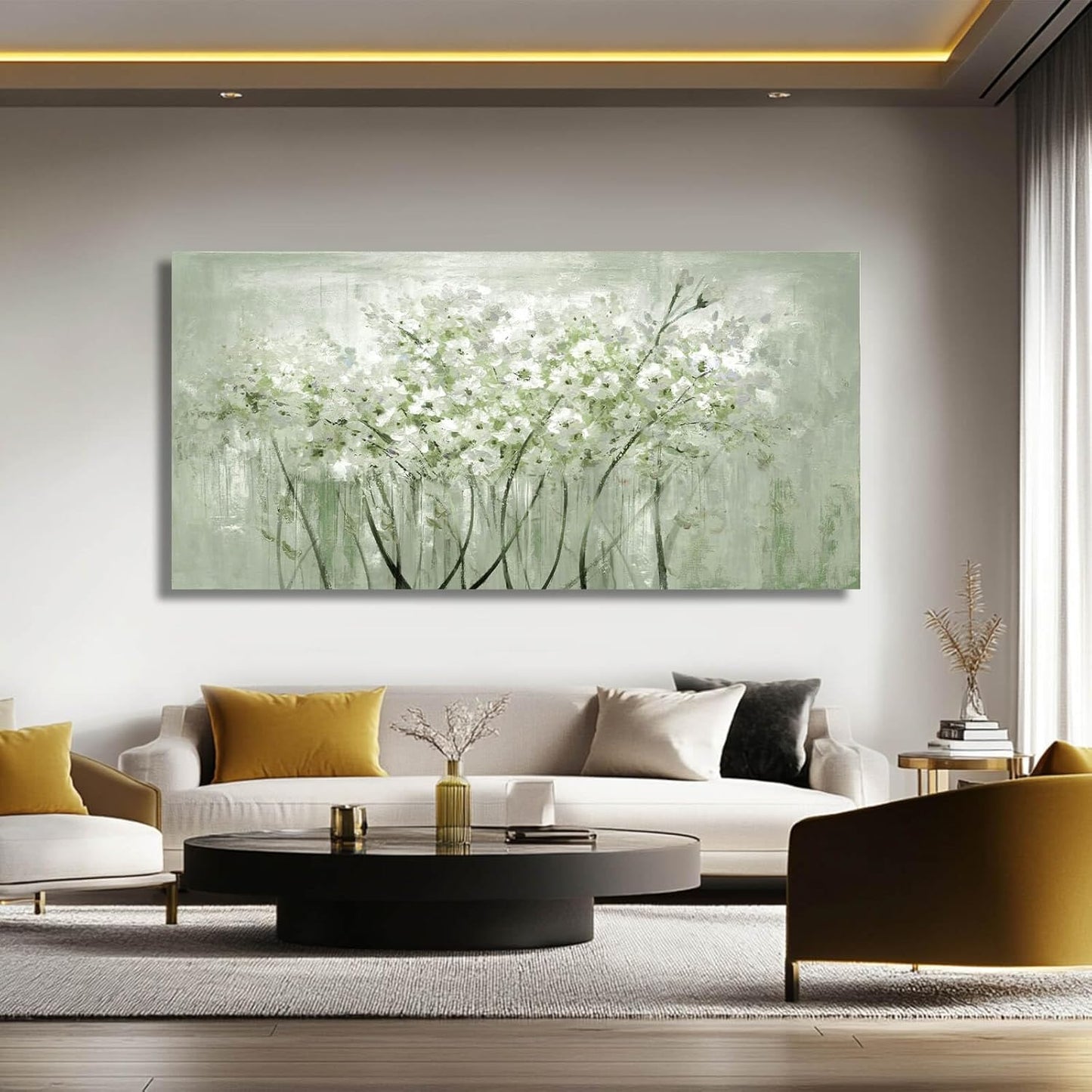 MLART99 Modern Artwork Wall Decor White Flowers Picture Art 24"x48" Plant Wall Art Decorations for Living Room Office