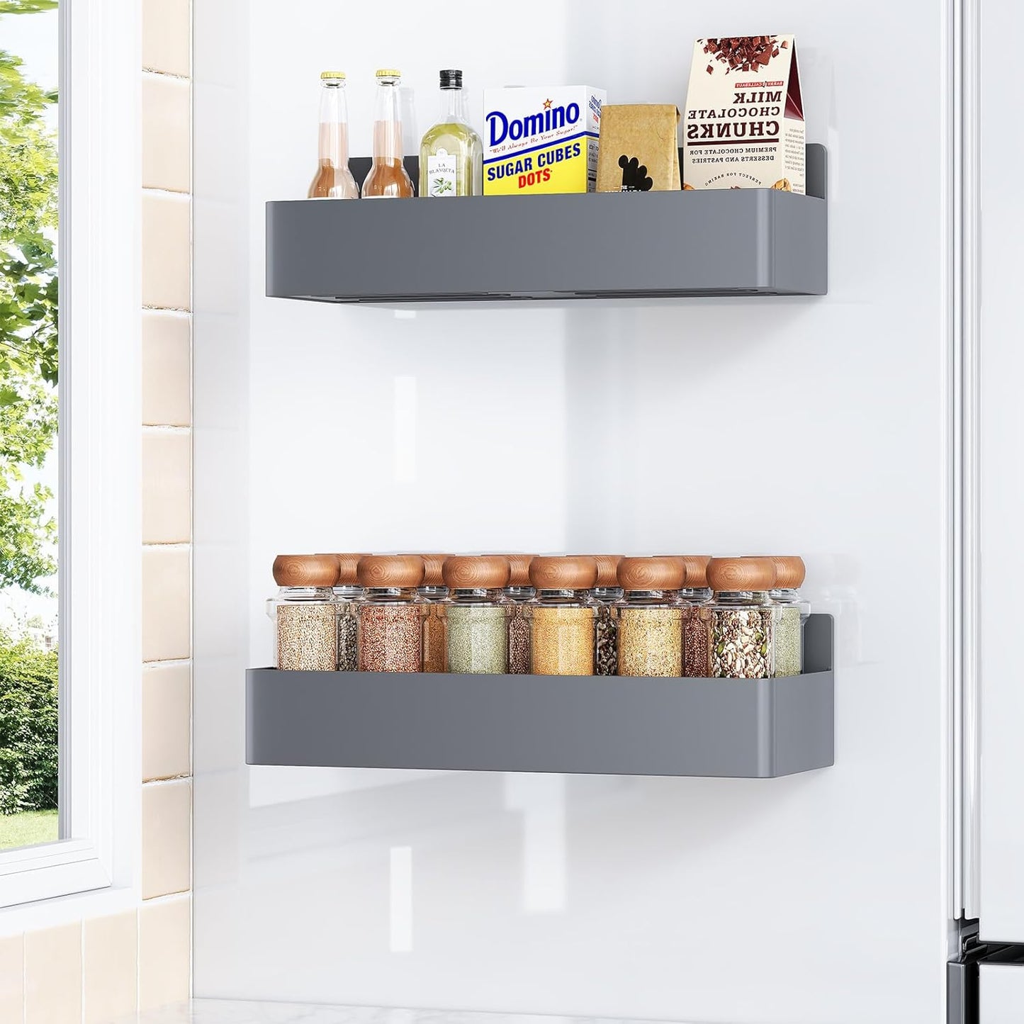 Magnetic Spice Rack for Refrigerator, Kitchen Organizer and Storage Shelf, Grey(2 Pack)