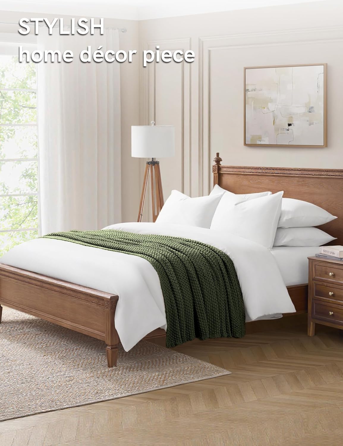 YnM Chunky Cotton Knit Throw Blanket, Cable Knit Throws for Bed Couch Sofa, Comfy & Relaxing, Decorative Piece for Farmhouse Modern Boho Rustic Scandinavian Chic Vibe, Pine Green 80x87 Inches