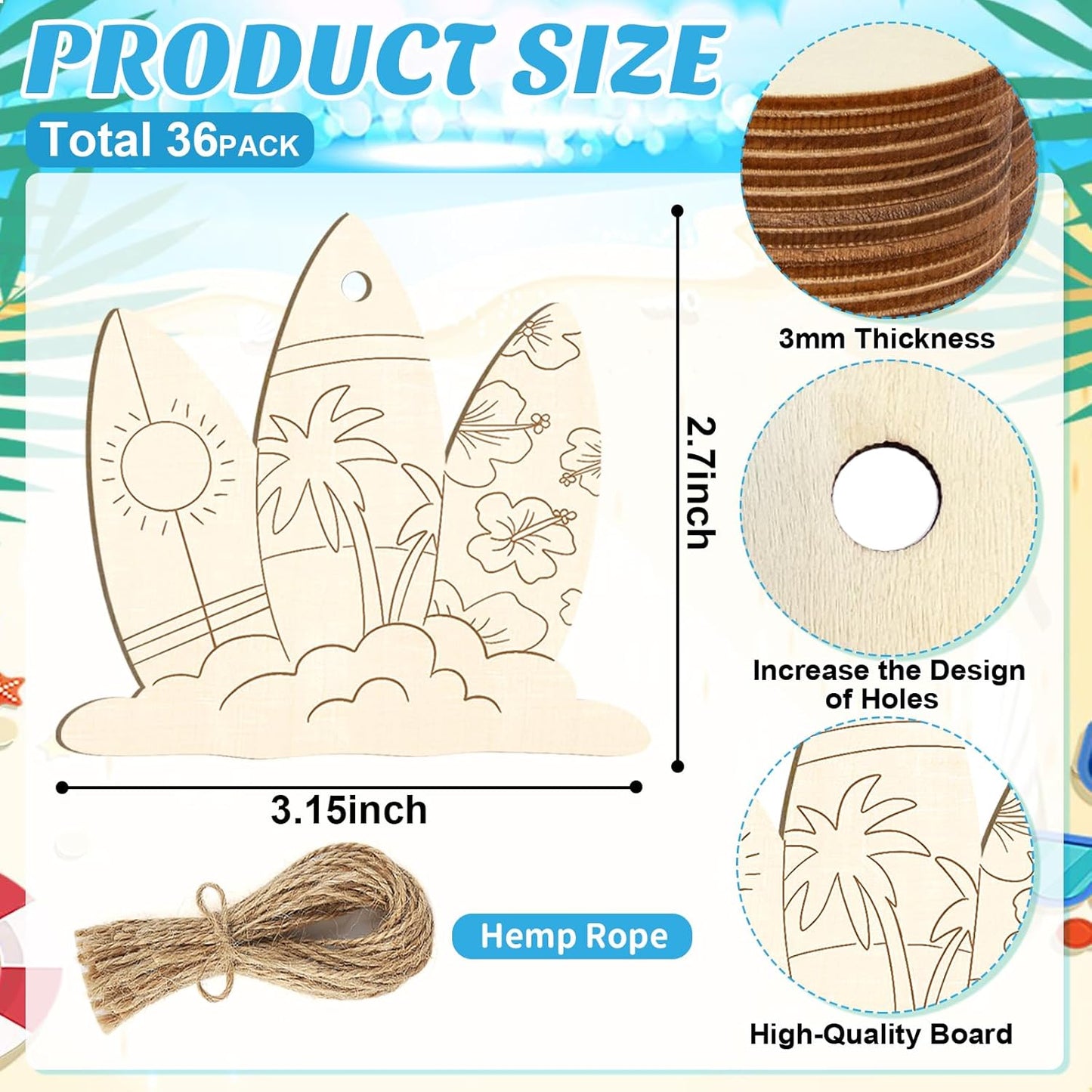36PCS Wooden Summer Ornaments to Paint, 12 Styles DIY Blank Unfinished Wood Beach Cutouts Ornament for Crafts Hanging Decorations, Watermelon Surfboard Slippers Coconut Tree Home Decorations Gifts