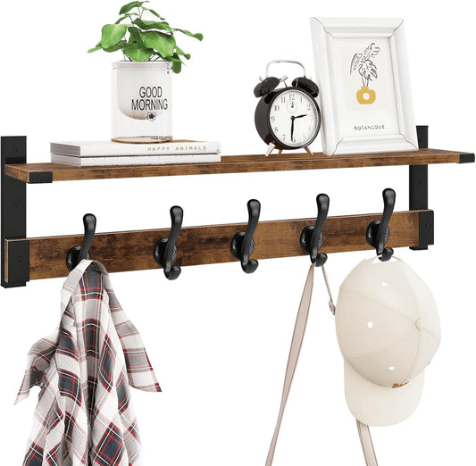 Homode Coat Rack Wall Mount, 29 Inch Long Shelf with Hooks, Wood Entryway Shelf with 5 Hangers for Hanging Hat Jacket Backpack Purse, Rustic Brown Black