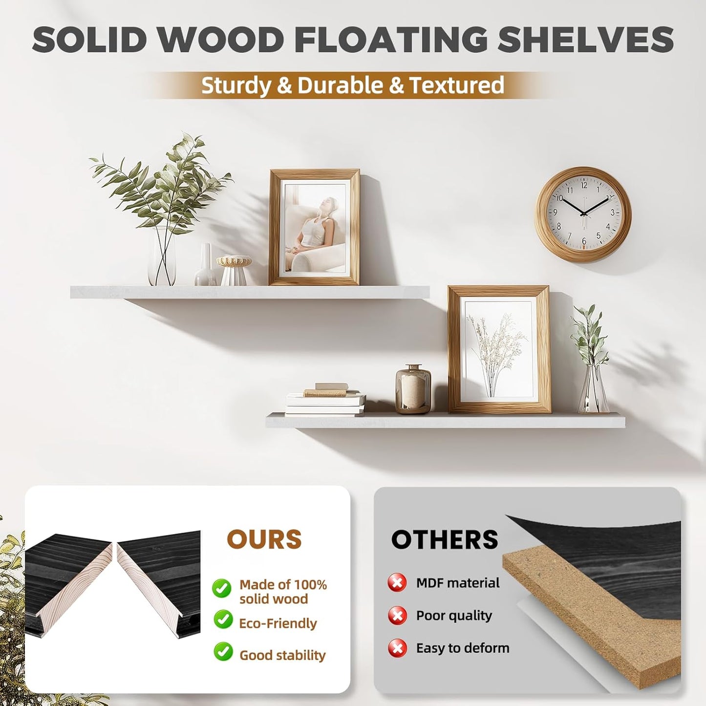 36"x6.8"x1.2" Solid Wood Floating Shelves 2-Pack - Rustic White Finish with Hidden Brackets, Perfect for Storage and Décor in Living Room, Kitchen, Bedroom