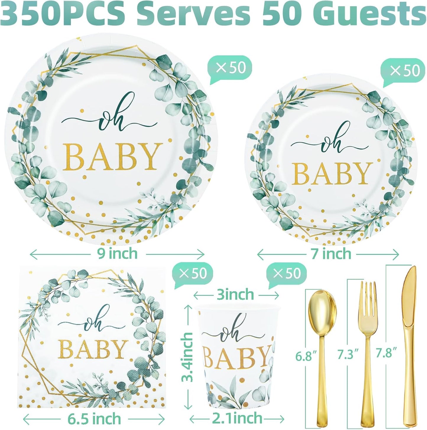 350 Pcs Sage Green Baby Shower Decorations, Baby Shower Plates and Cups and Napkins Sets Serves 50, Oh Baby Plates with Gold Dots for Boho Baby Girl Boy Neutral
