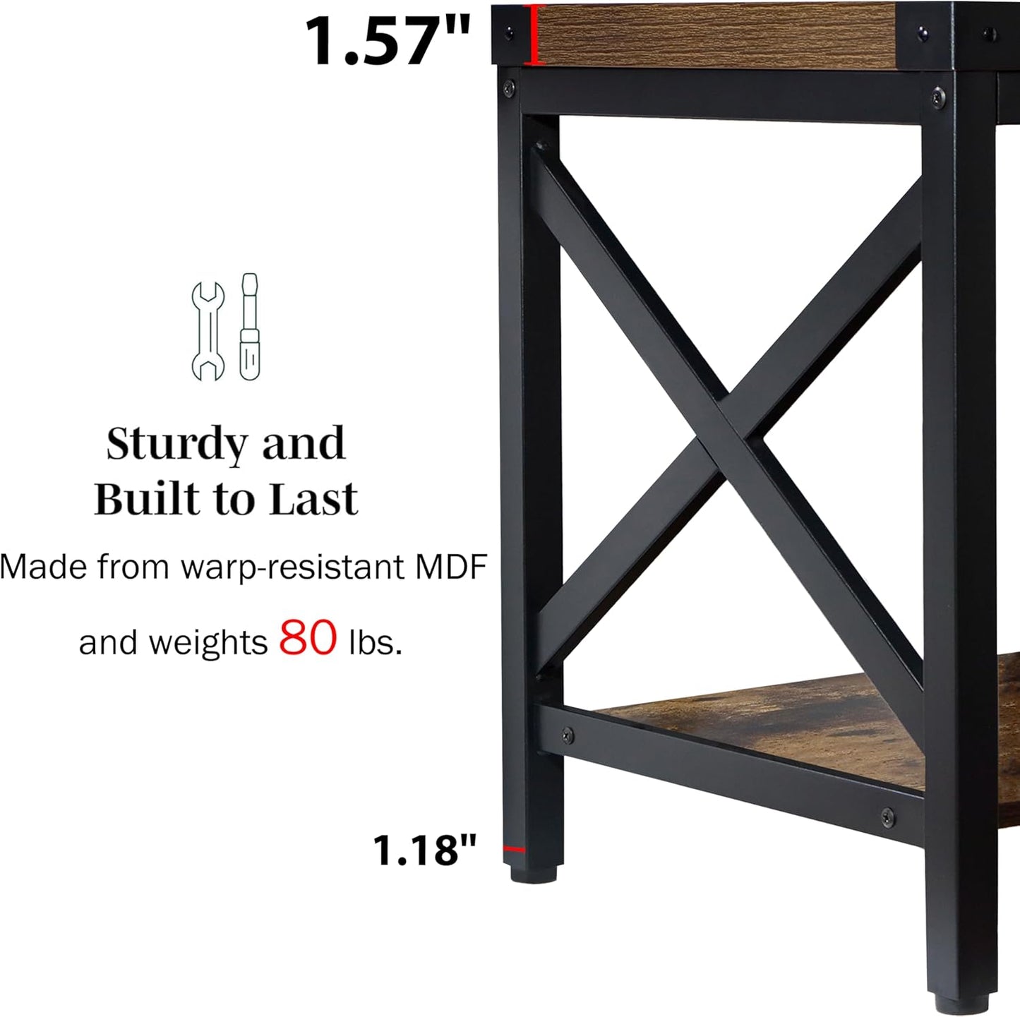 End Table Large Side Table for Living Room, Rustic Farmhouse End Tables with 2-Tier Storage, Square Nightstand Bedside Table X-Design Metal Frame, Brown (Wind, Brown)