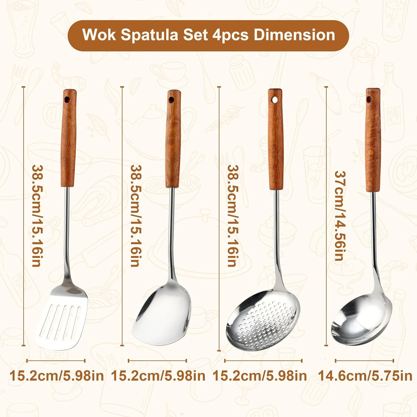 FJNATINH Wok Spatula - Ladle - Skimmer - Stainless Steel Wok Tools,Wok Utensil,Mirror Polished Stainless Steel Cooking Utensils 14.6-15.2" Kitchen Utensils Cookware, Pack of 3