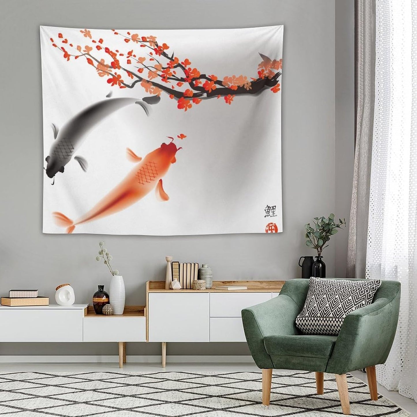 Houselerax Japanese Koi Fish Tapestry, Cherry Blossoms Asian Oriental Flower Branch Koi Fish Carp Tapestries Wall Hanging for Bedroom Living Room Office Decor 60"x50"