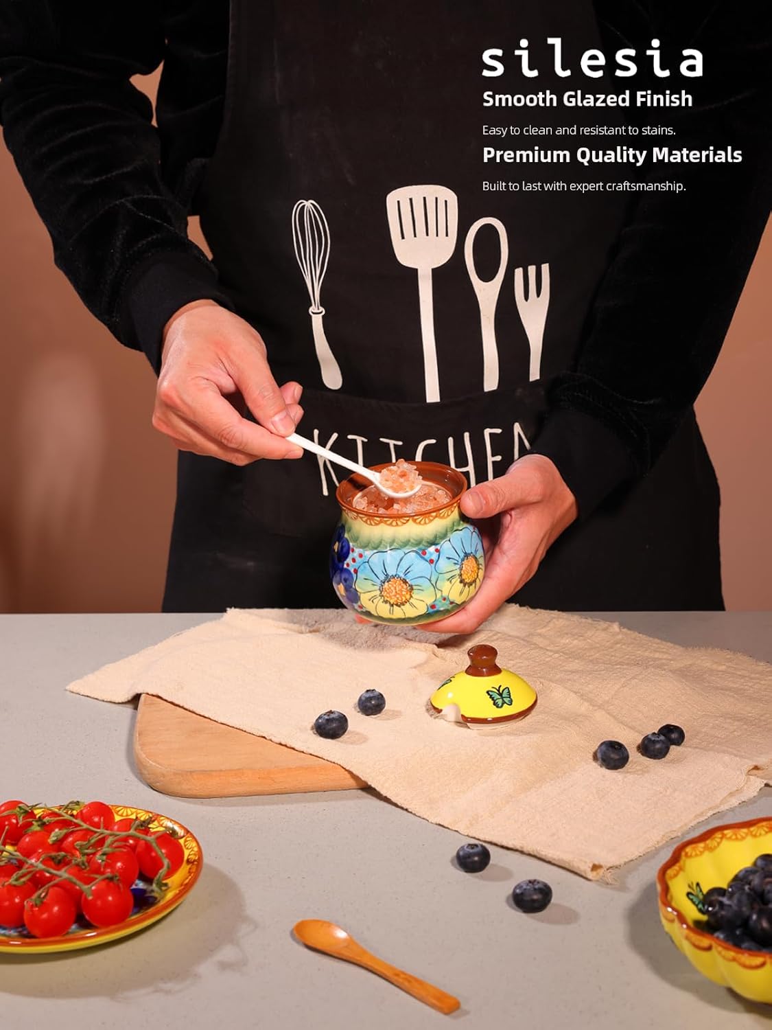 silesia Handmade Sugar Bowl with Lid and Spoon, 9 Ounce Ceramic Hand-Painted Sugar Jar for Home in Gift Box, Kitchen Decor, Oven, Dishwasher & Microwave Safe, Glazed Yellow