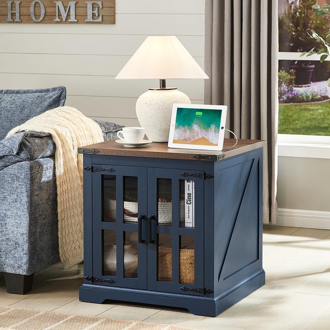 Farmhouse End Table with Charging Station,24" Large Side Table with Glass Barn Door, Rustic Wood Nightstand Bedside Table with Adjustable Storage Shelf for Living Room, Bedroom, Blue,2 Pack