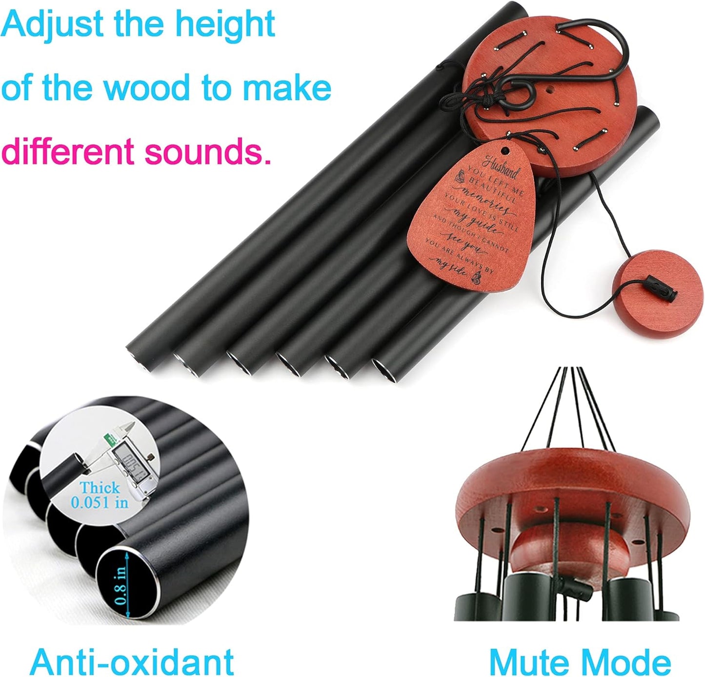 Memgift Memorial Wind Chime for Loss of Husband - Solid Beech Wood Sympathy Gift - Bereavement Wind Chime for Loved One - Outdoor Remembrance for Garden & Patio 32 Inch