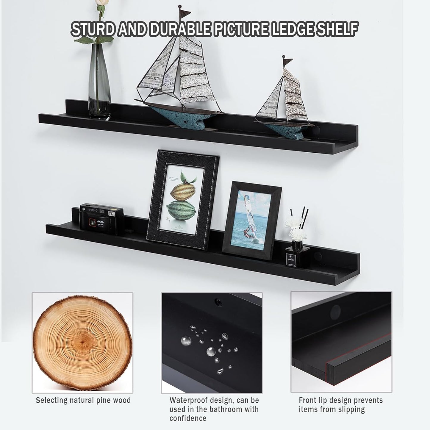 Black Floating Shelves 36 Inch Modern Picture Frame Shelf for Wall Picture Ledge Shelves with Lip Wooden Book Toy Shelves Set of 2 Bathroom Shelf Organizer for Living Room Bedroom Kitchen Wall Decor