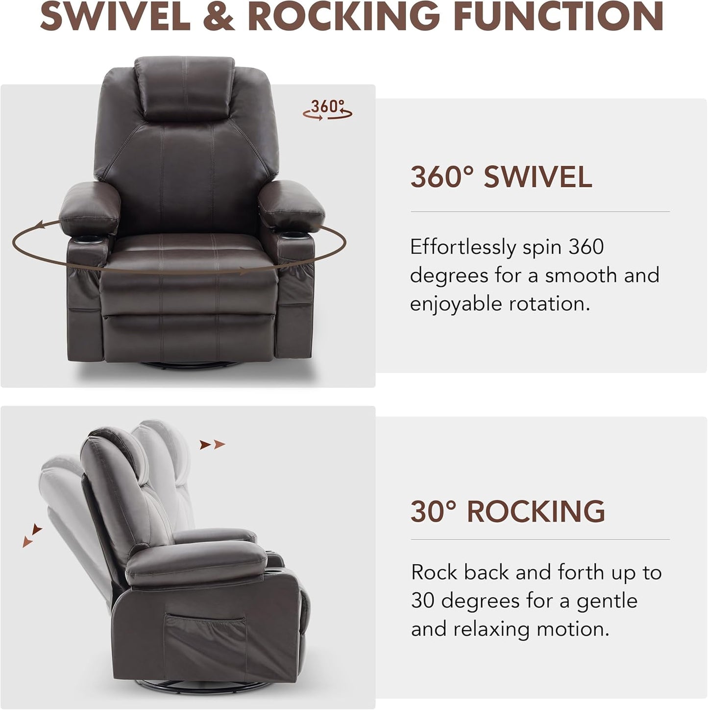 Oversized Swivel Rocker Recliner Chair with Heat and Massage, 360 Degree Swivel Rocking Single Sofa with Cup Holders and USB Port, Large Big Recliner Chair for Living Room (Leather, Brown)