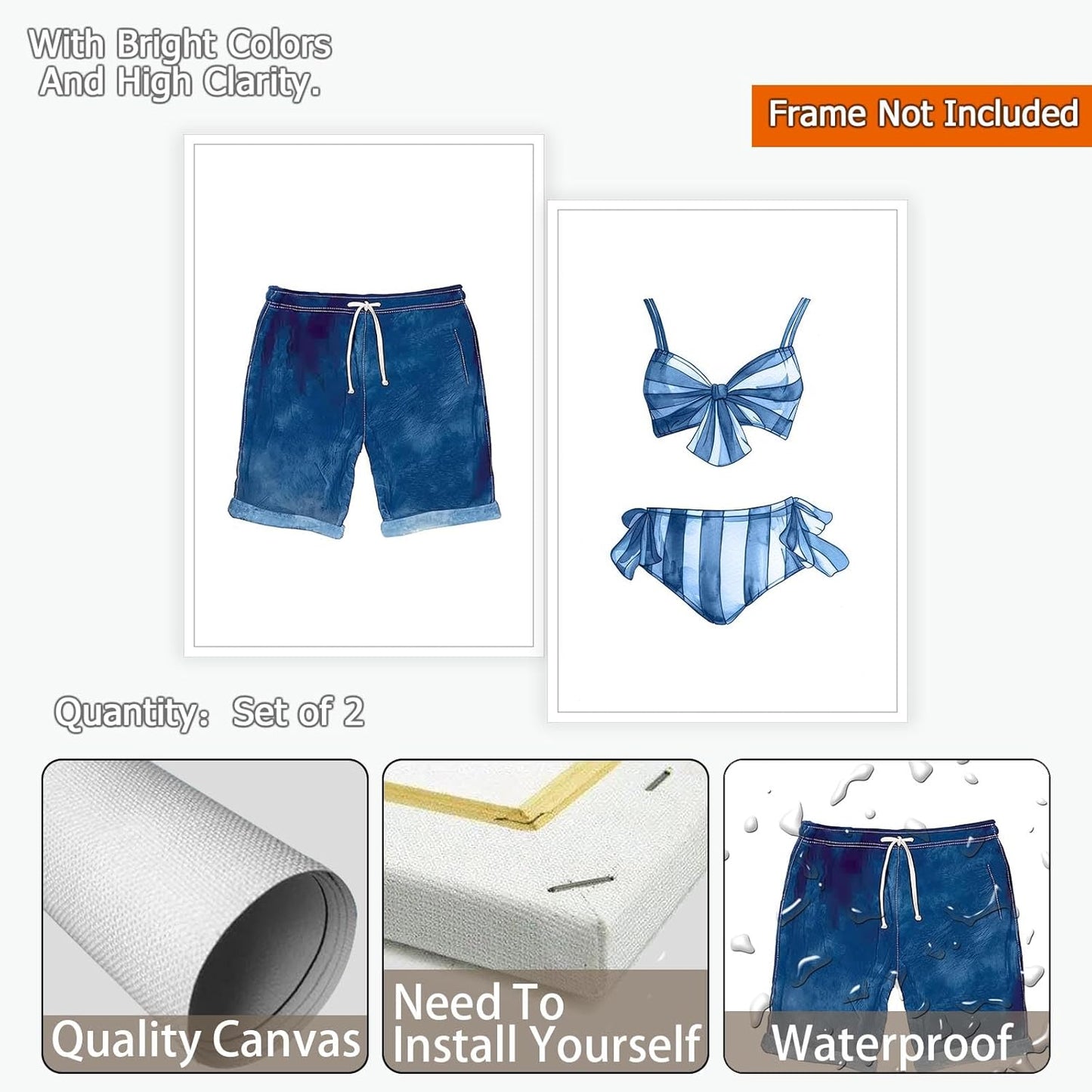 Liyark Set of 2 Retro Navy Blue And White Swimsuit Art Posters Beach Bathing Suit Prints Painting Beach House Wall Art Coastal Wall Decor Pictures For Bathroom Home Decoration 24x36in Unframed