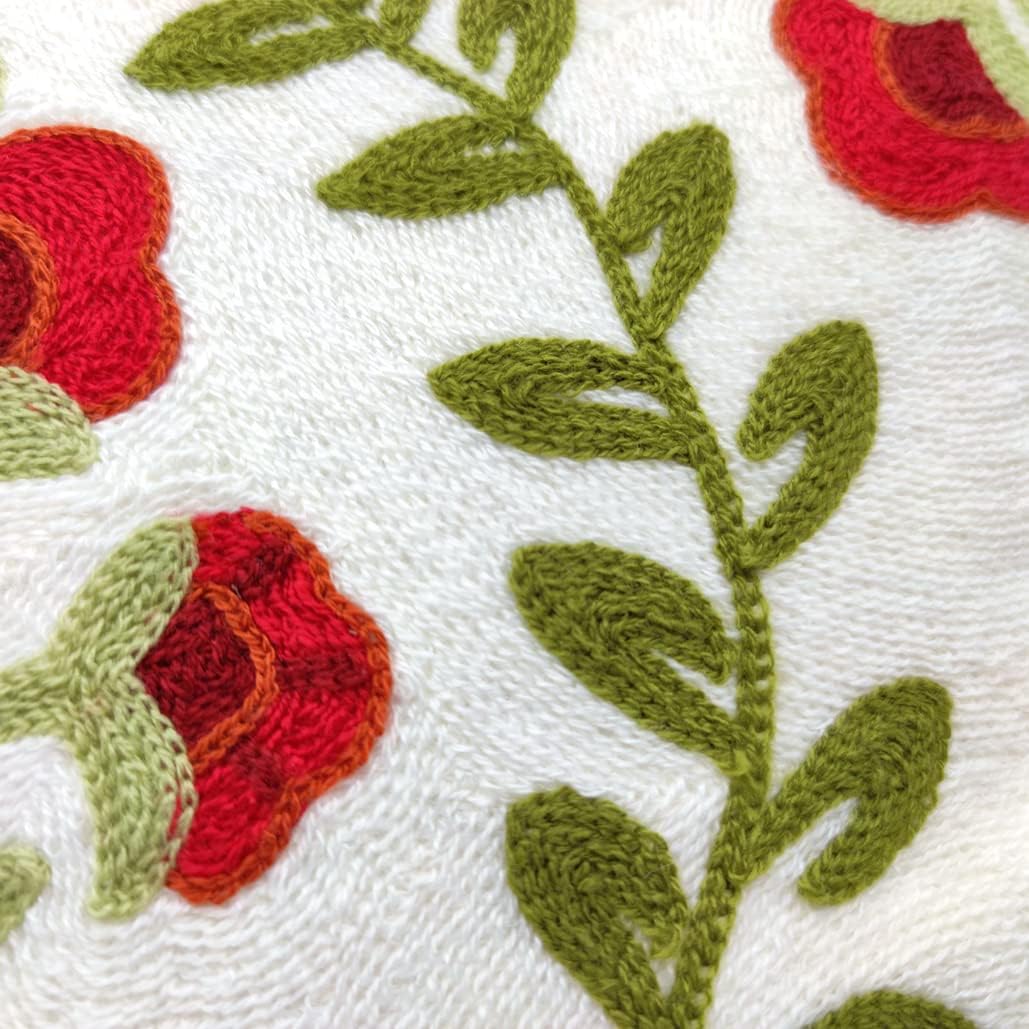 Alysheer Floral Embroidered Summer Decorative Throw Pillow Cover 18"x 18", Farmhouse Cottage Red Flowers Green Leaves Knit Pattern Cotton Canvas Cushion Case for Sofa Couch Bed Living Room Decor