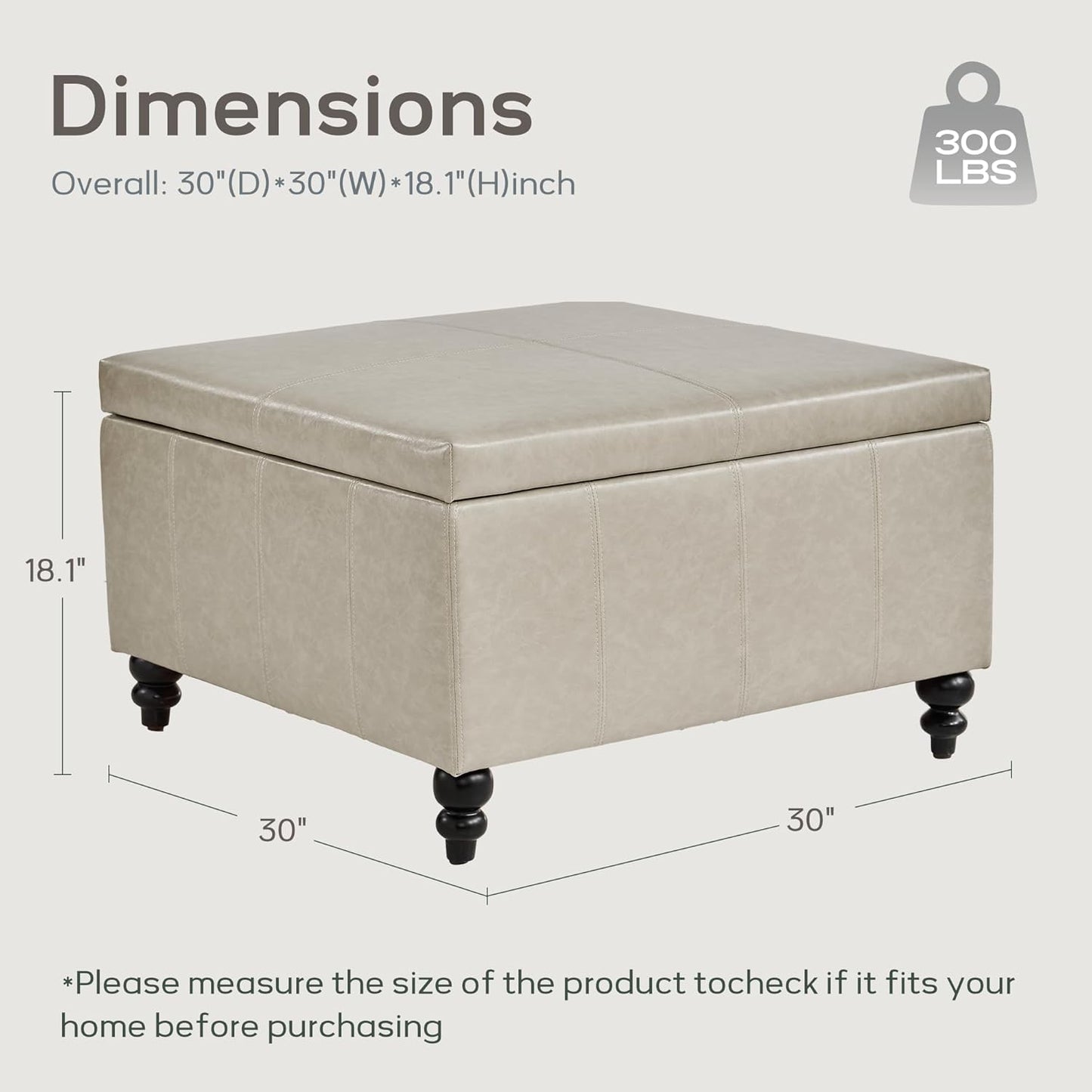 HUIMO Square Storage Ottoman, Tufted Leather Ottoman for Living Room (Khaki)