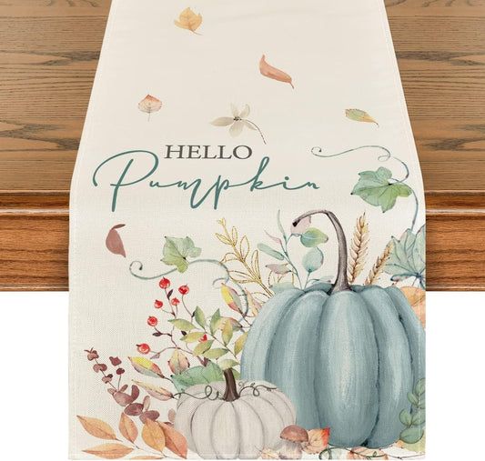 Artoid Mode Aqua Hello Pumpkin Leaves Fall Table Runner, Seasonal Autumn Kitchen Dining Table Decoration for Home Party Decor 13x90 Inch