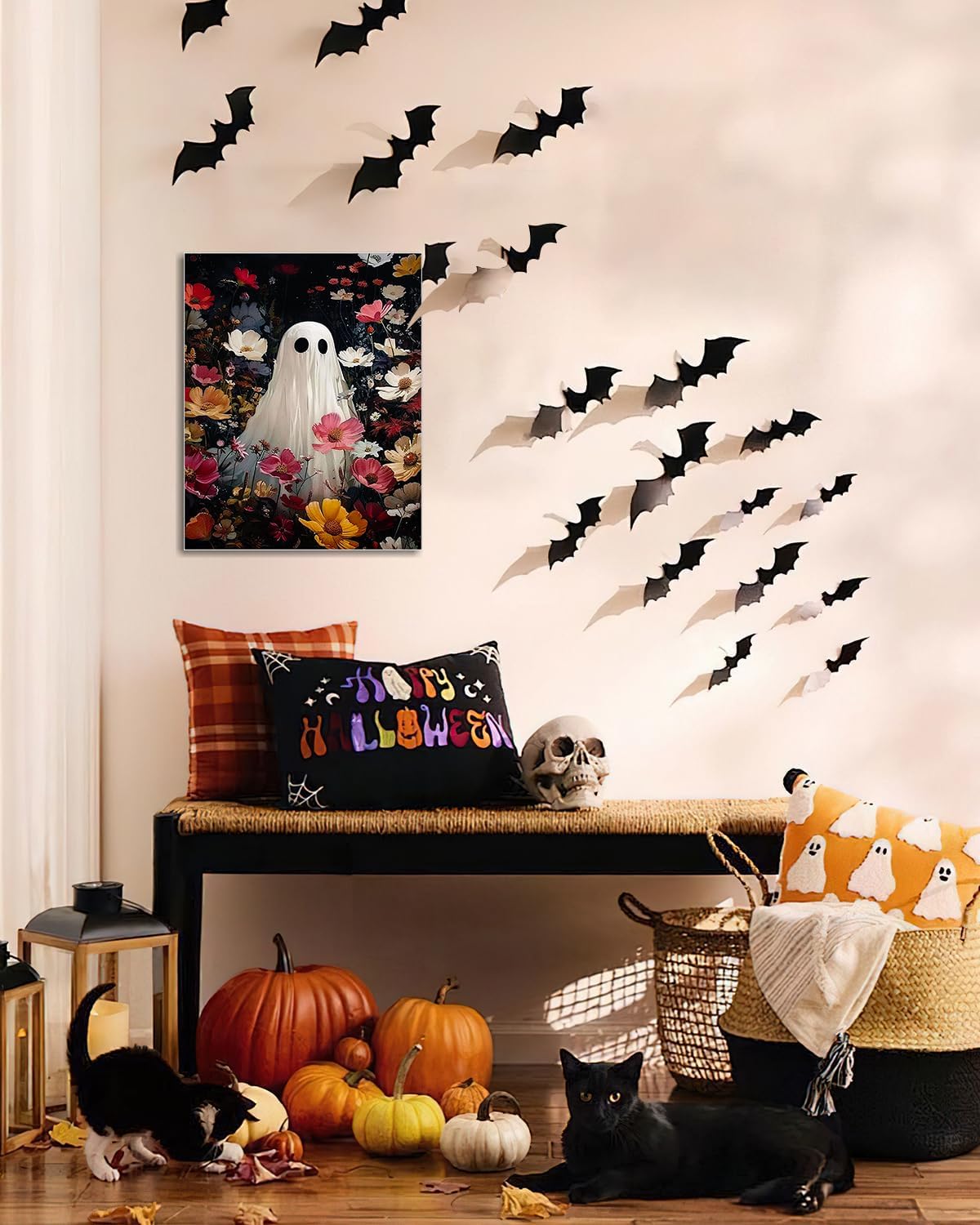 Halloween Canvas Wall Art,Vintage Cute Ghost & Wildflowers Framed Poster, Spooky Fall Decorations for Indoor, Gothic Dark Academia Wall Decor, Funny Halloween Decorations for Living Room Bedroom